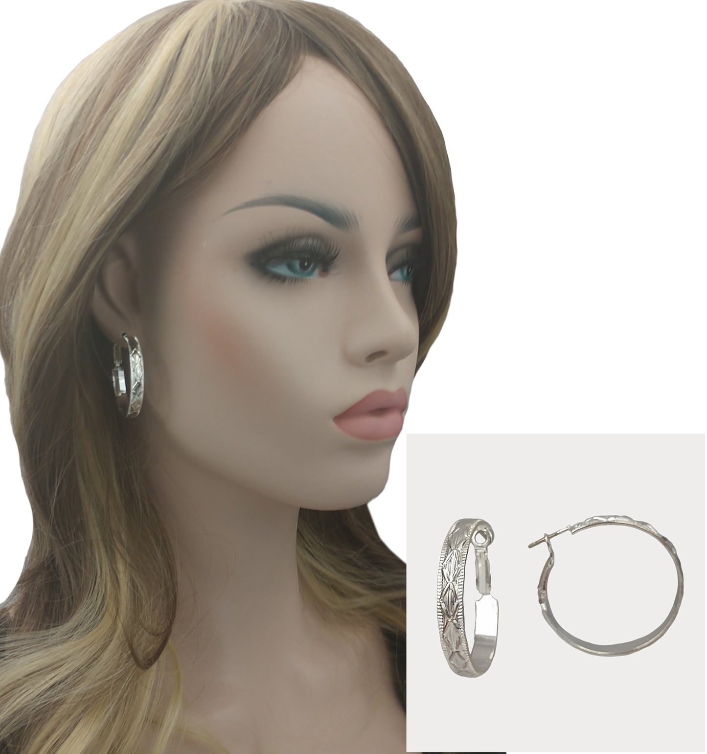 Silver Tone Cross Design Textured Metal Round Hoop Earrings Pierced 1 3/8"