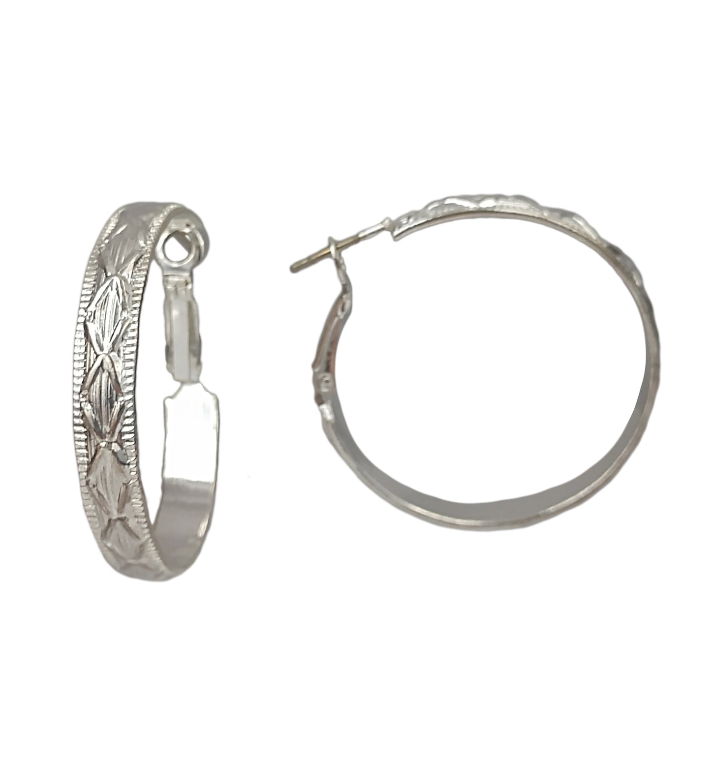 Silver Tone Cross Design Textured Metal Round Hoop Earrings Pierced 1 3/8"