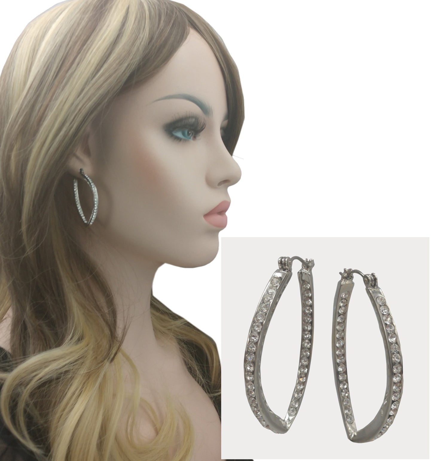 Abstract Silver Tone Clear Rhinestone Studded Hoop Earrings Pierced  1 3/4"