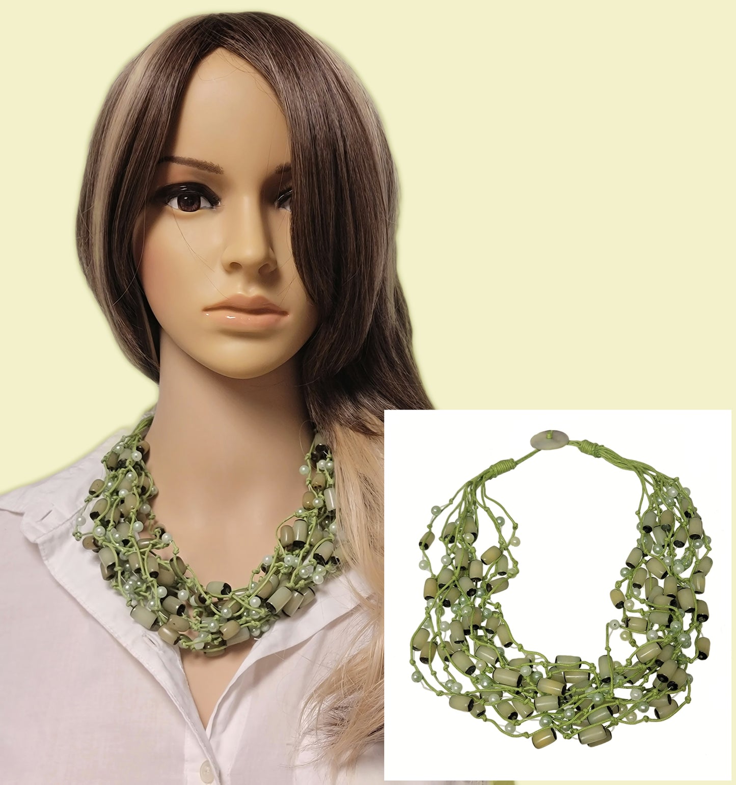 Light Pastel Green Faux Pearl Wooden Disc Beaded Necklace 12 Multi Strand 21"