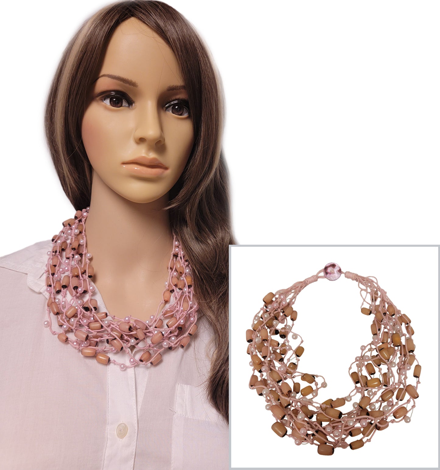 Light Pastel Pink Faux Pearl Wood Disc Beaded Necklace 12 Multi Strand 12"