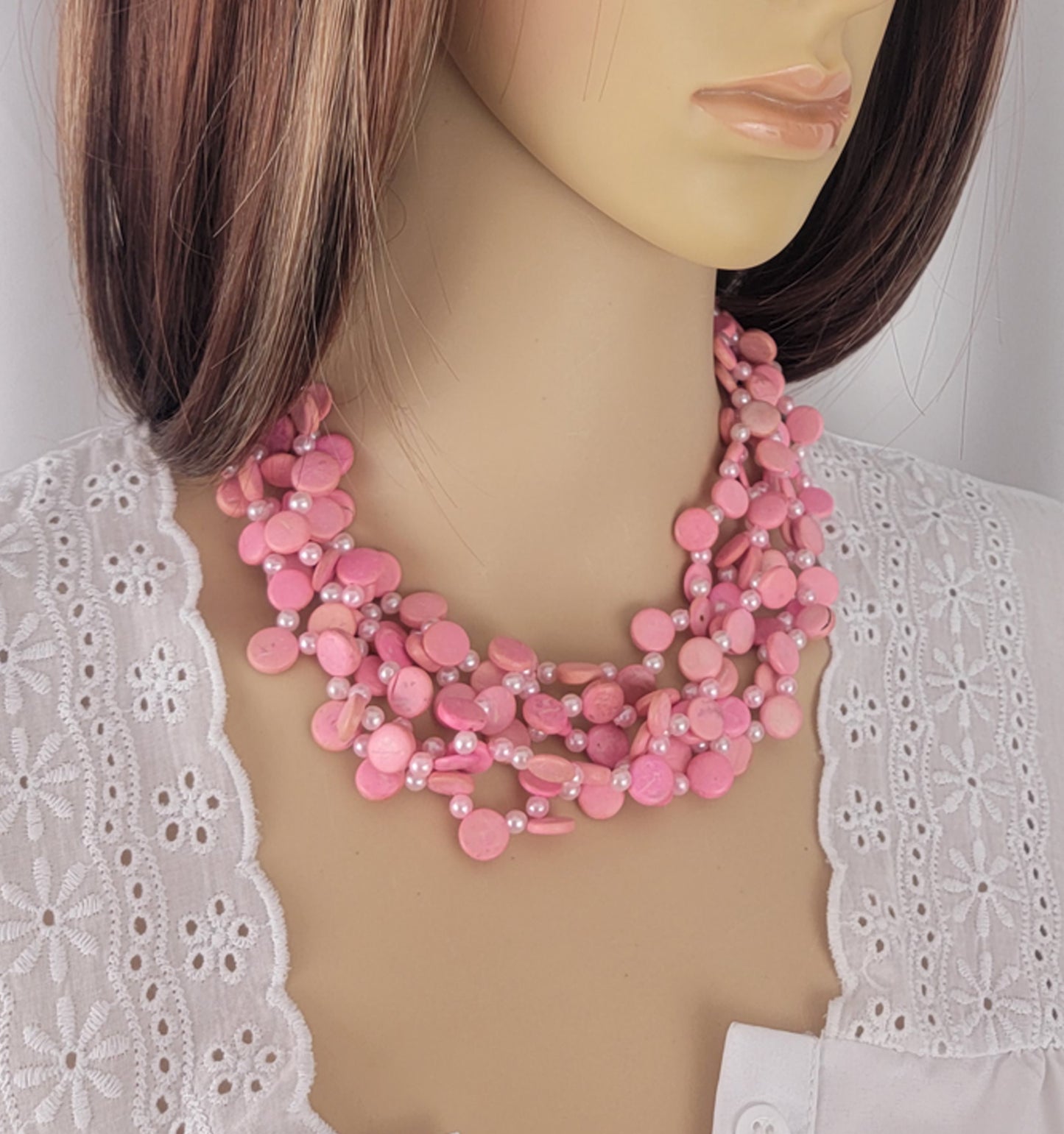 Light Pastel Pink Faux Pearl Wood Disc Beaded Necklace 5 Multi Strand 18"