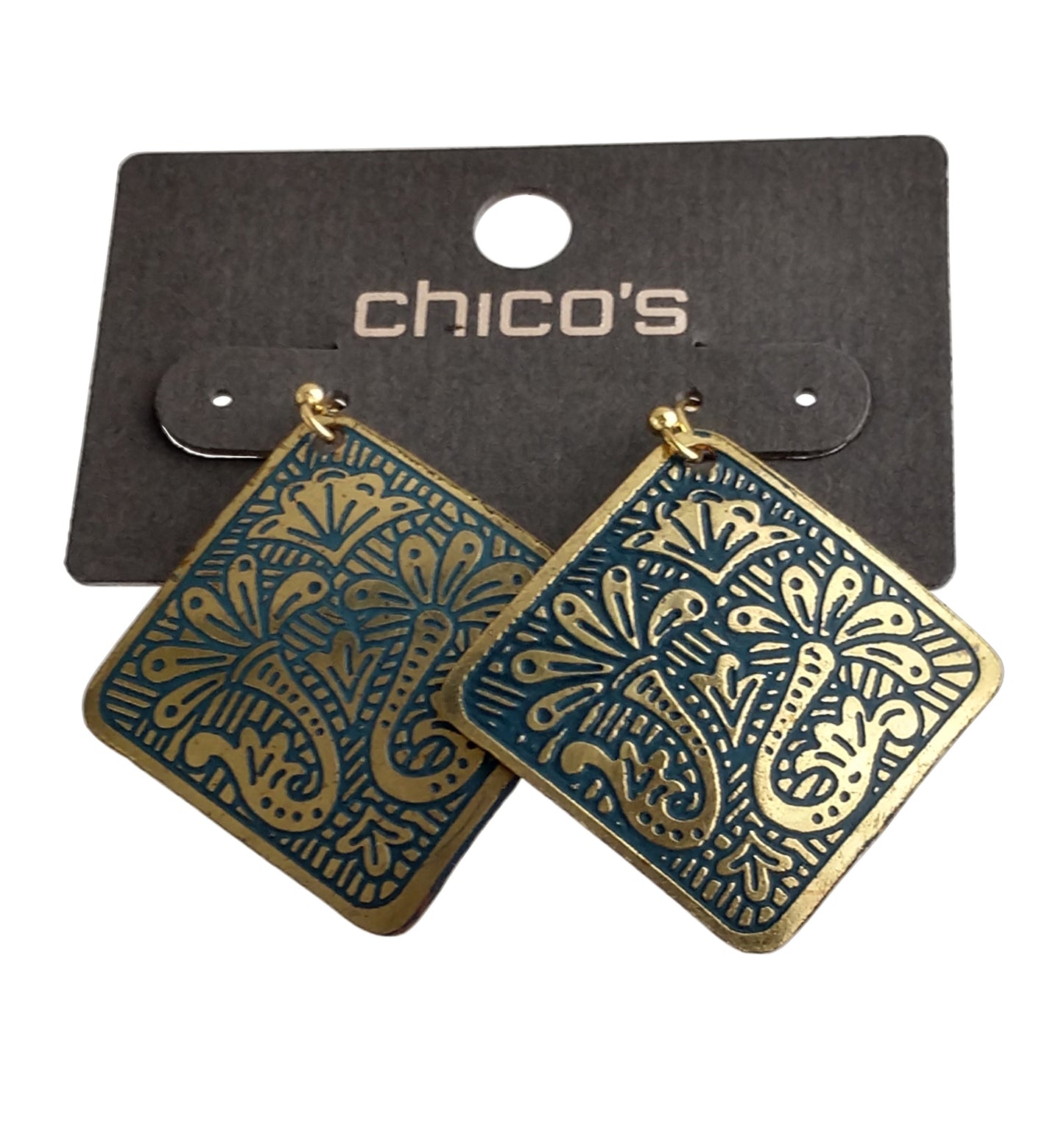 Chicos Vala Earrings  1 3/4" Exotic Brass Square Dangle NWT