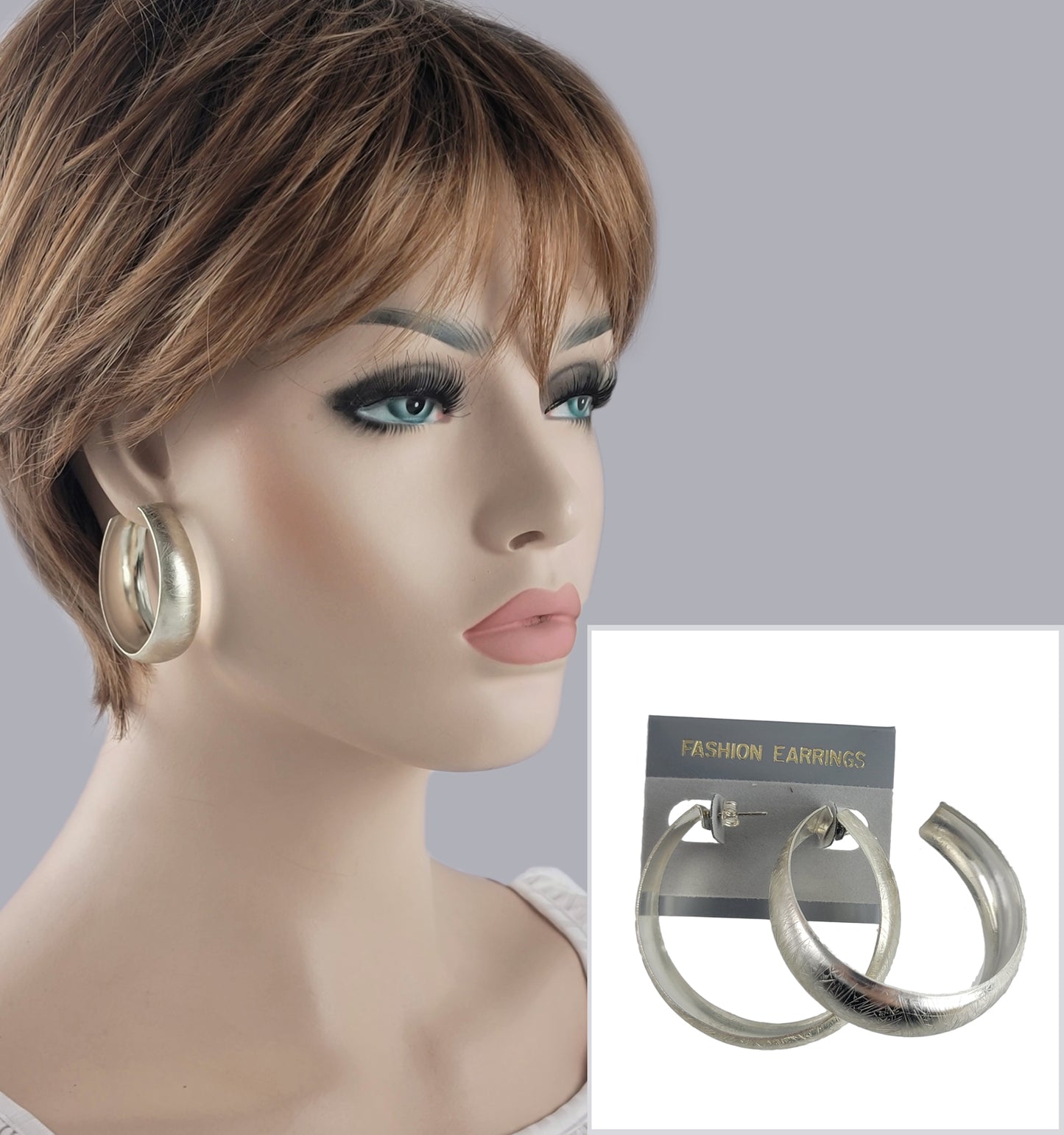 Distressed Large Wide Round Hoop Earrings Pierced Lightweight 2" - Silver