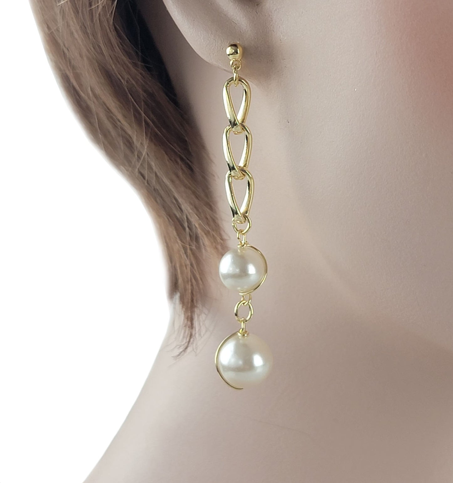 Gold Tone Chain & Faux Pearl Beaded Dangle Pierced Earrings 3" Drop