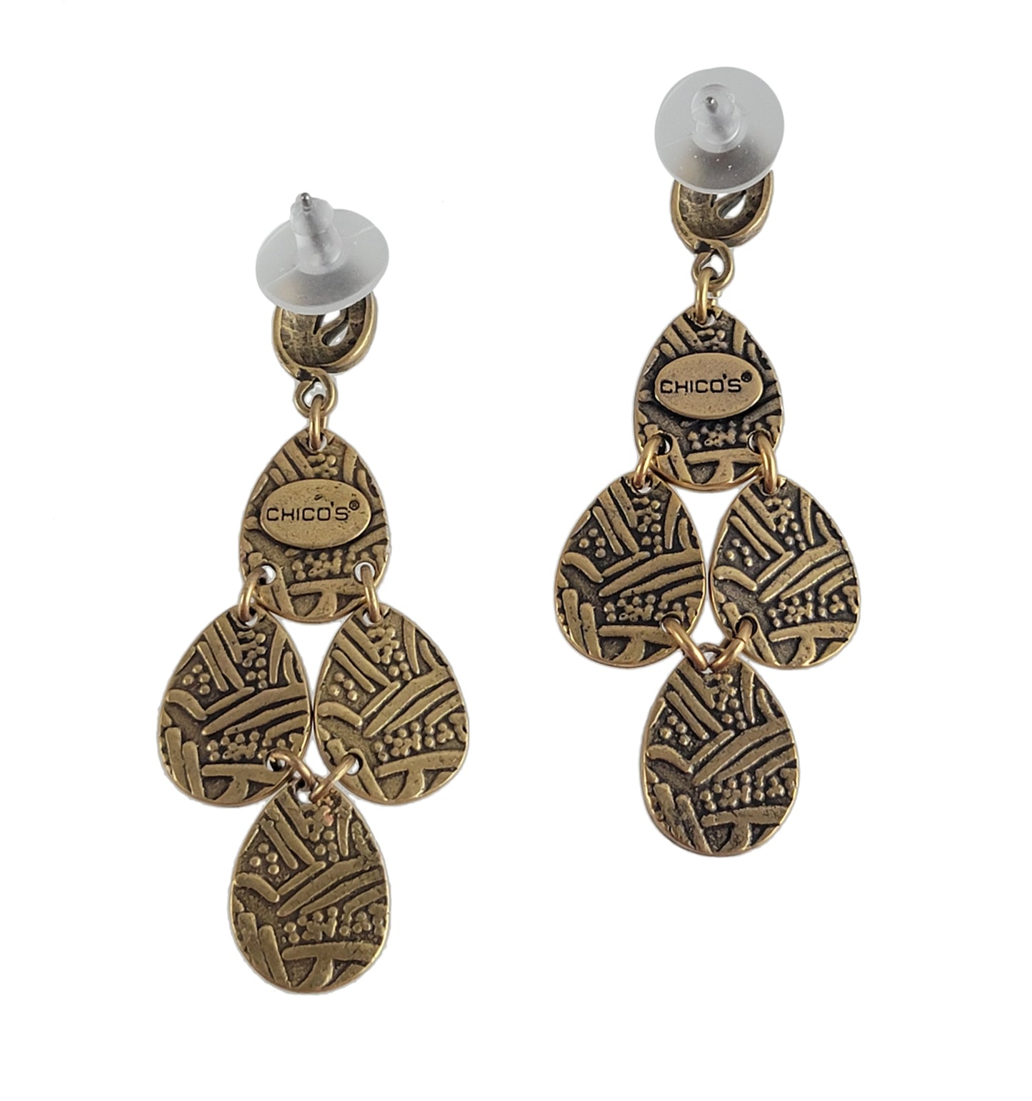 Chicos Tribal Design Teardop Chandelier Pierced Earrings 2 1/2" NWOT Gold Tone