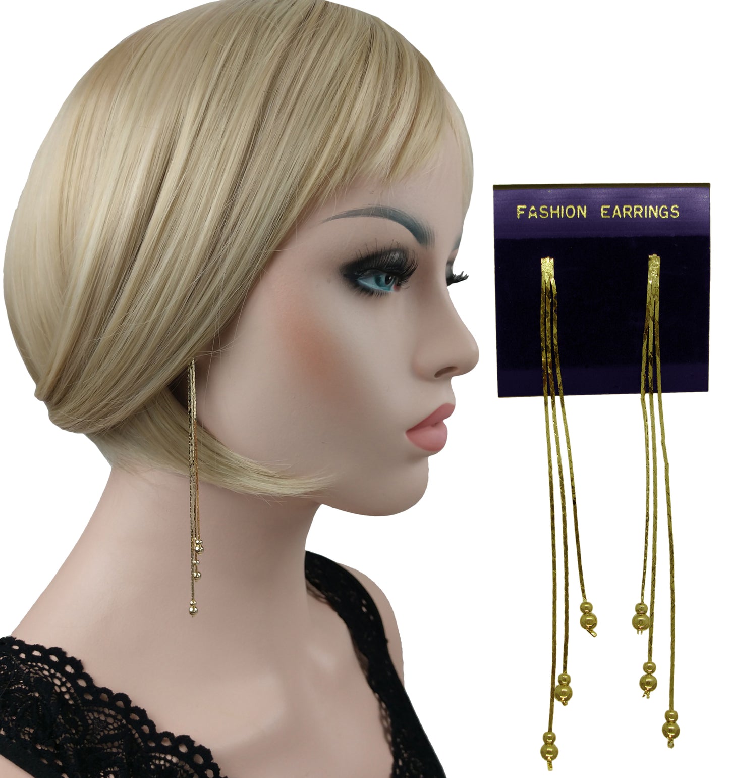 Gold Tone Long Chain Dangle Bead Pierced Earrings Duster 4 1/4"