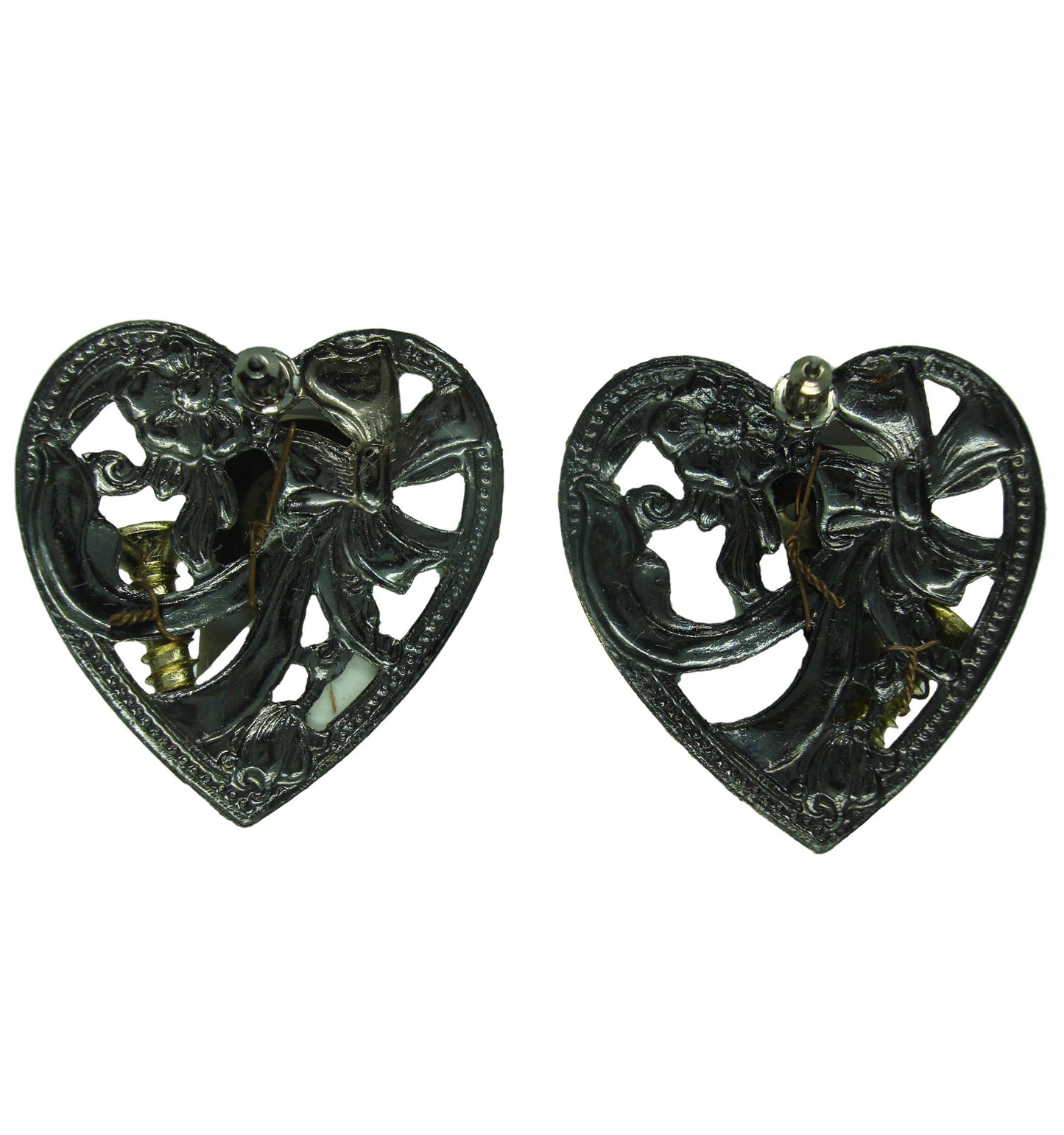 Steampunk Heart Antiqued Gold Tone Pierced Earrings 1 1/2"