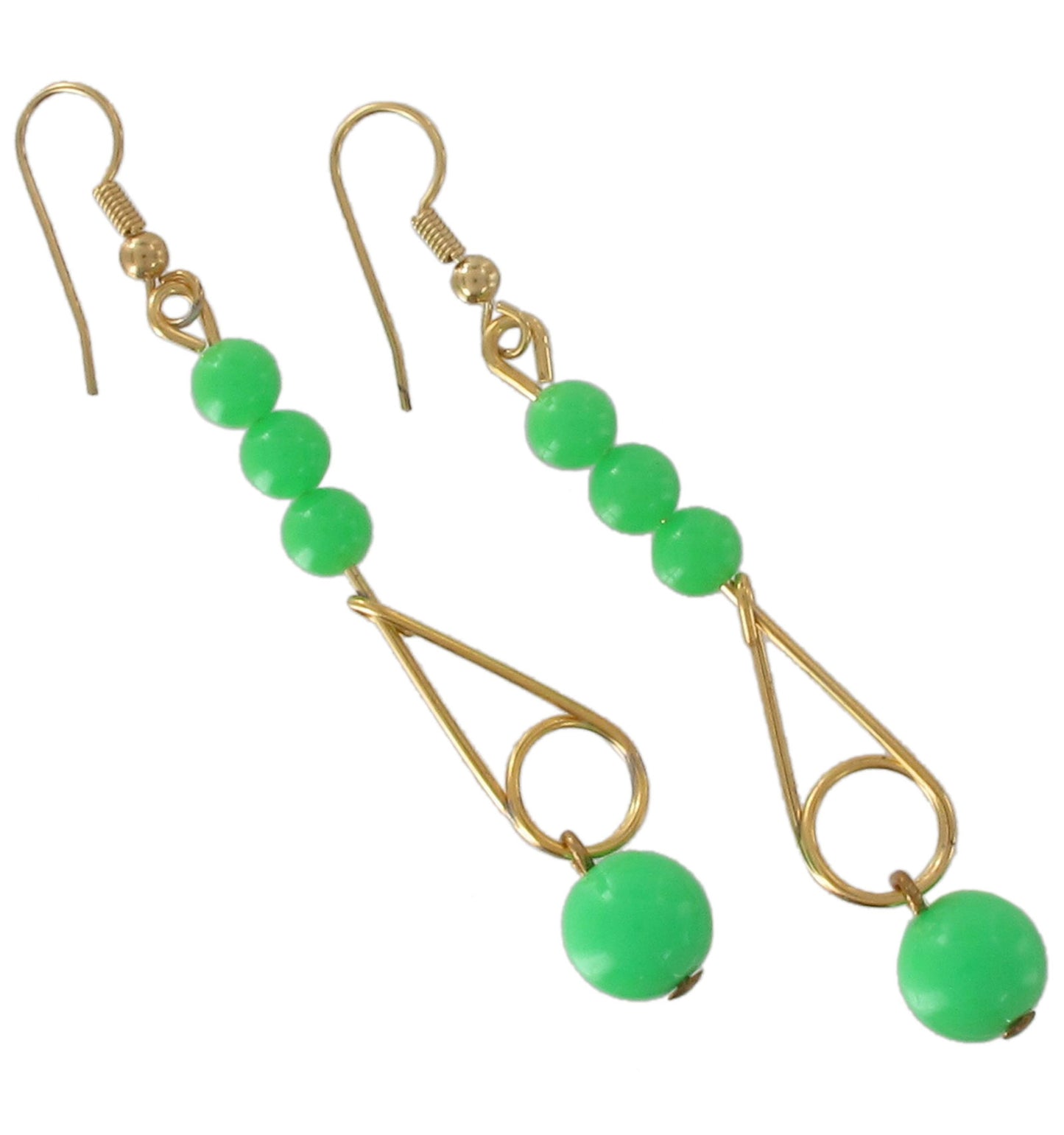 Pierced Dangle Earrings Green Beaded Gold Tone Wire Drop Gold Tone 1980s