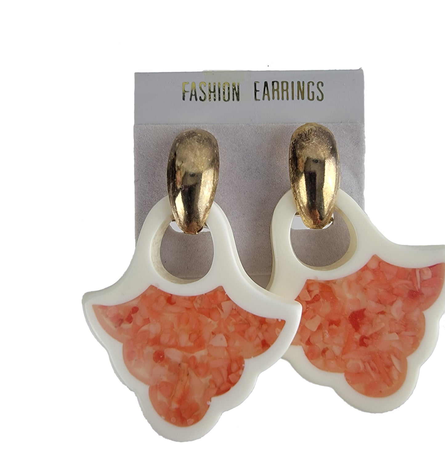 Vintage 1980s Coral Color Shell Chip & White Doorknocker Earrings  2 1/2"