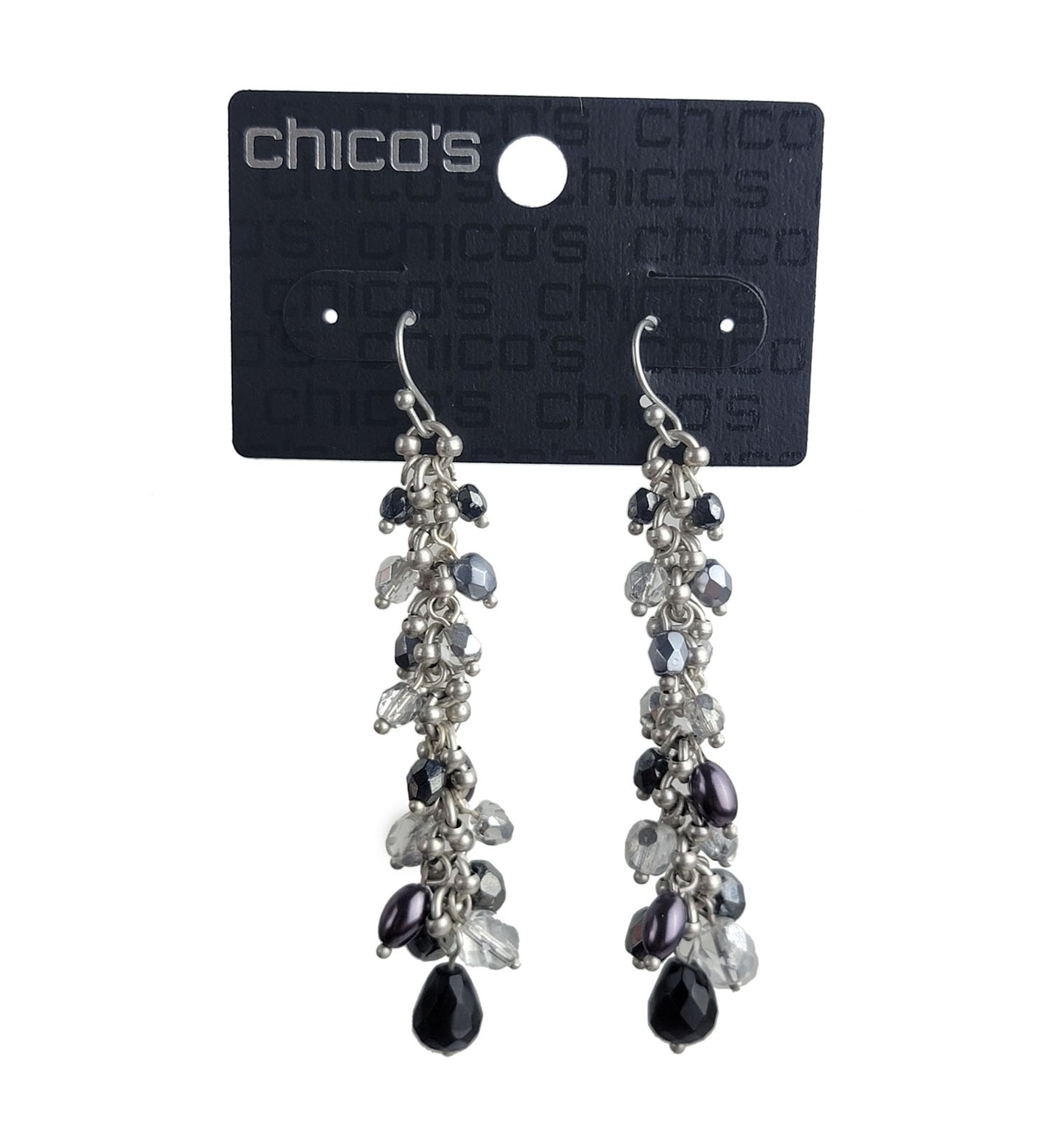 Chicos Paulee Earrings Black Clear & Gray Crystal Beaded Drops