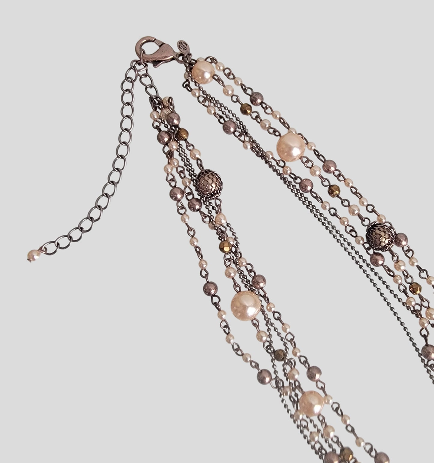 Premier Designs Pink Faux Pearl Copper Chain Multi Strand Beaded Collar Necklace