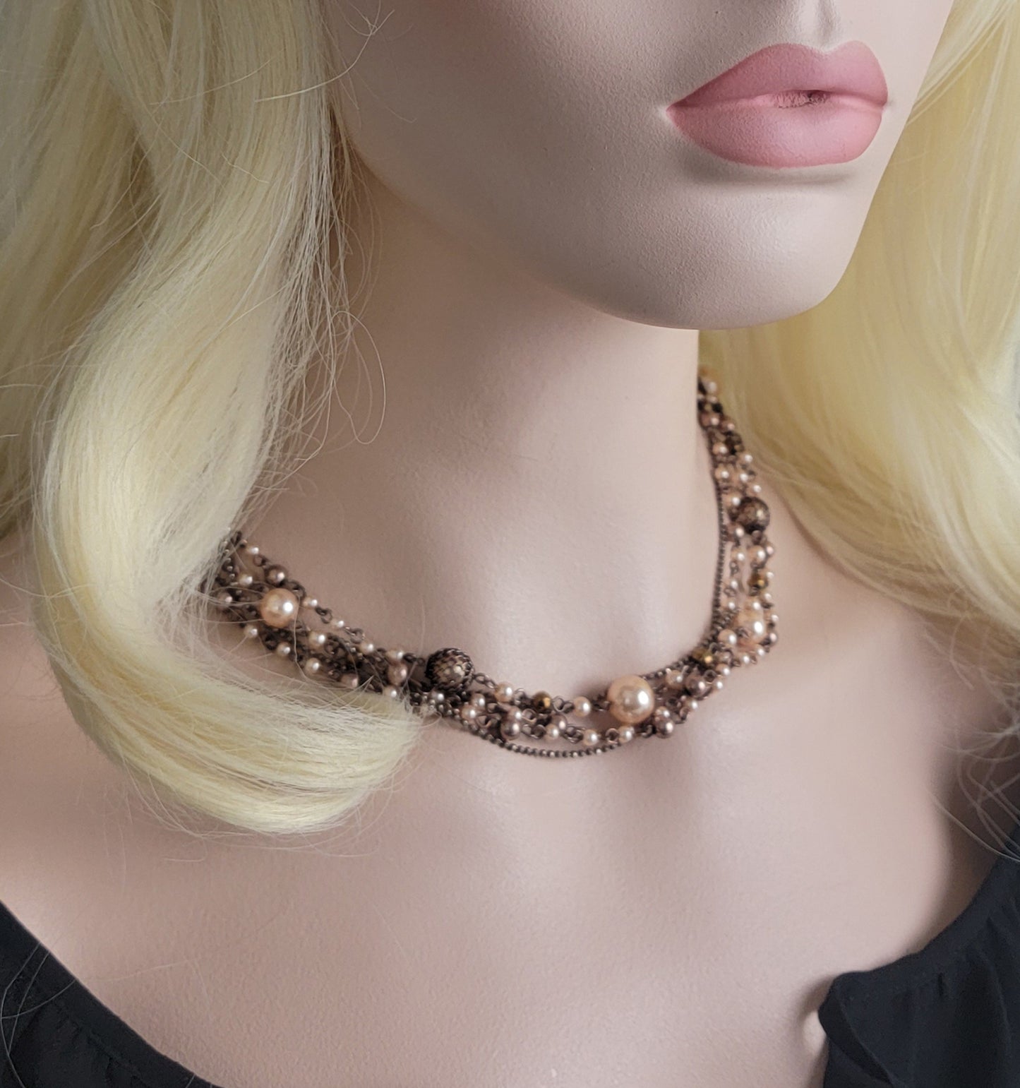 Premier Designs Pink Faux Pearl Copper Chain Multi Strand Beaded Collar Necklace