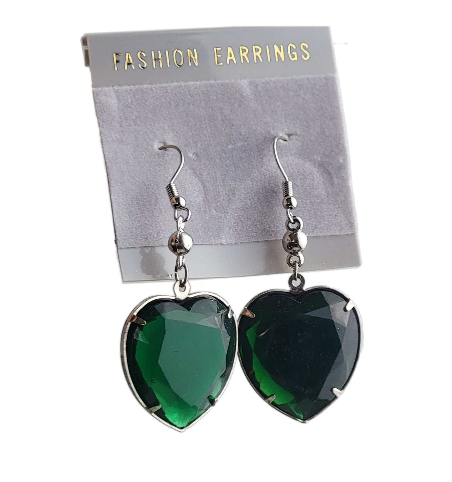 Oversized Large Jewel Faux Crystal Heart Earrings 2 1/4" Silver Tone - Green
