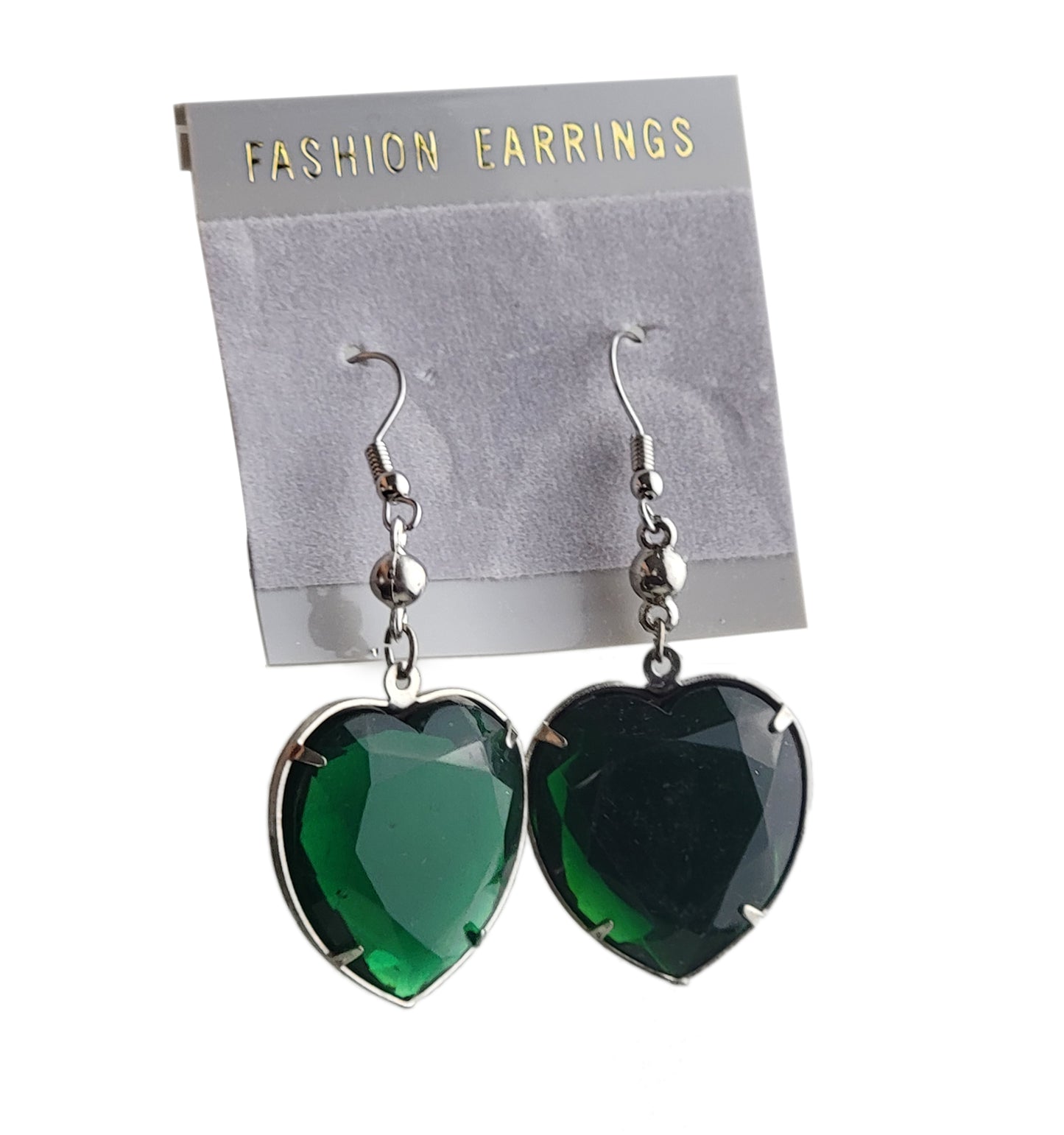 Oversized Large Jewel Faux Crystal Heart Earrings 2 1/4" Silver Tone - Green