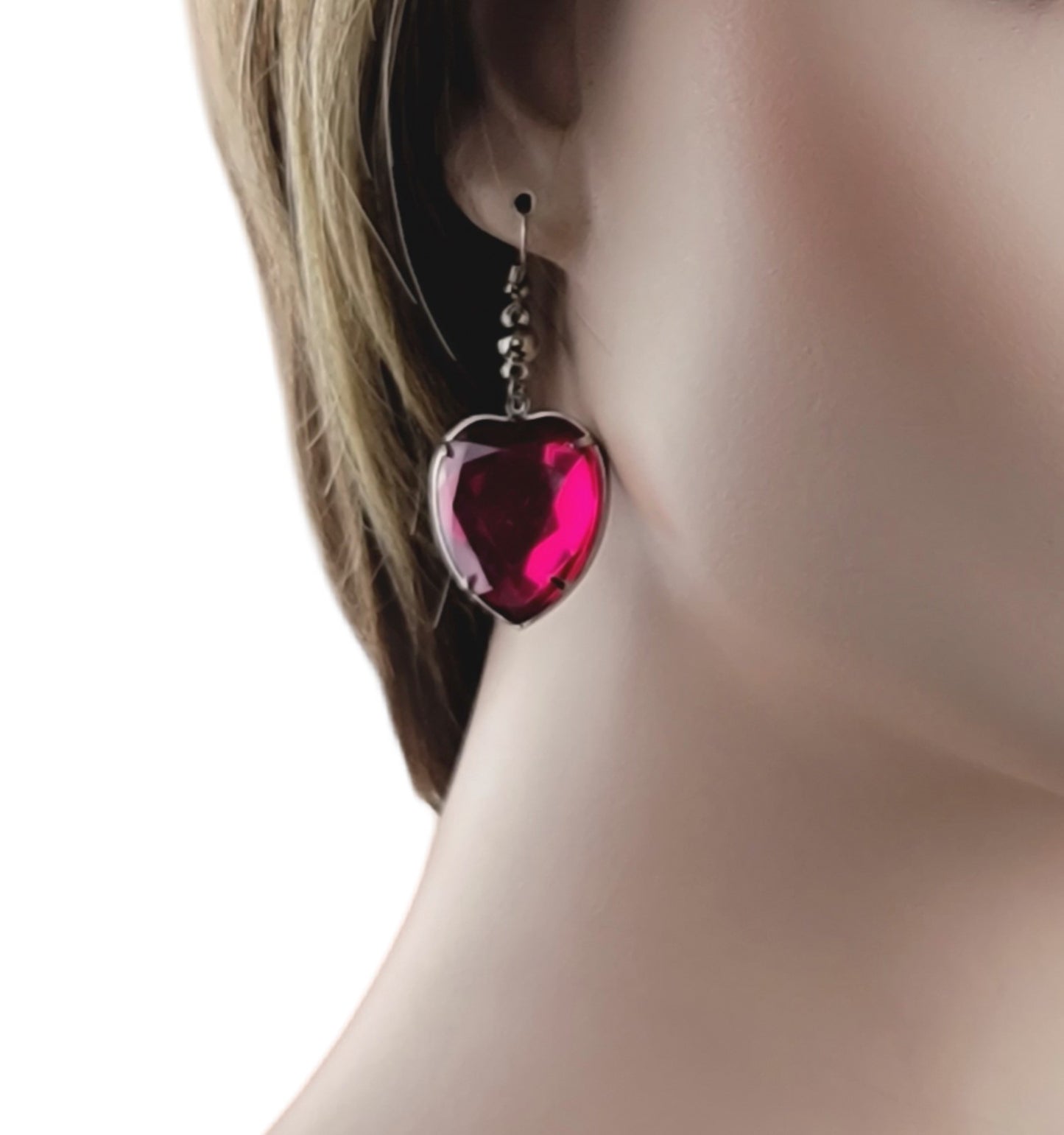 Oversized Large Heart Jewel Faux Crystal Earrings 2 1/4" Silver Tone - Pink