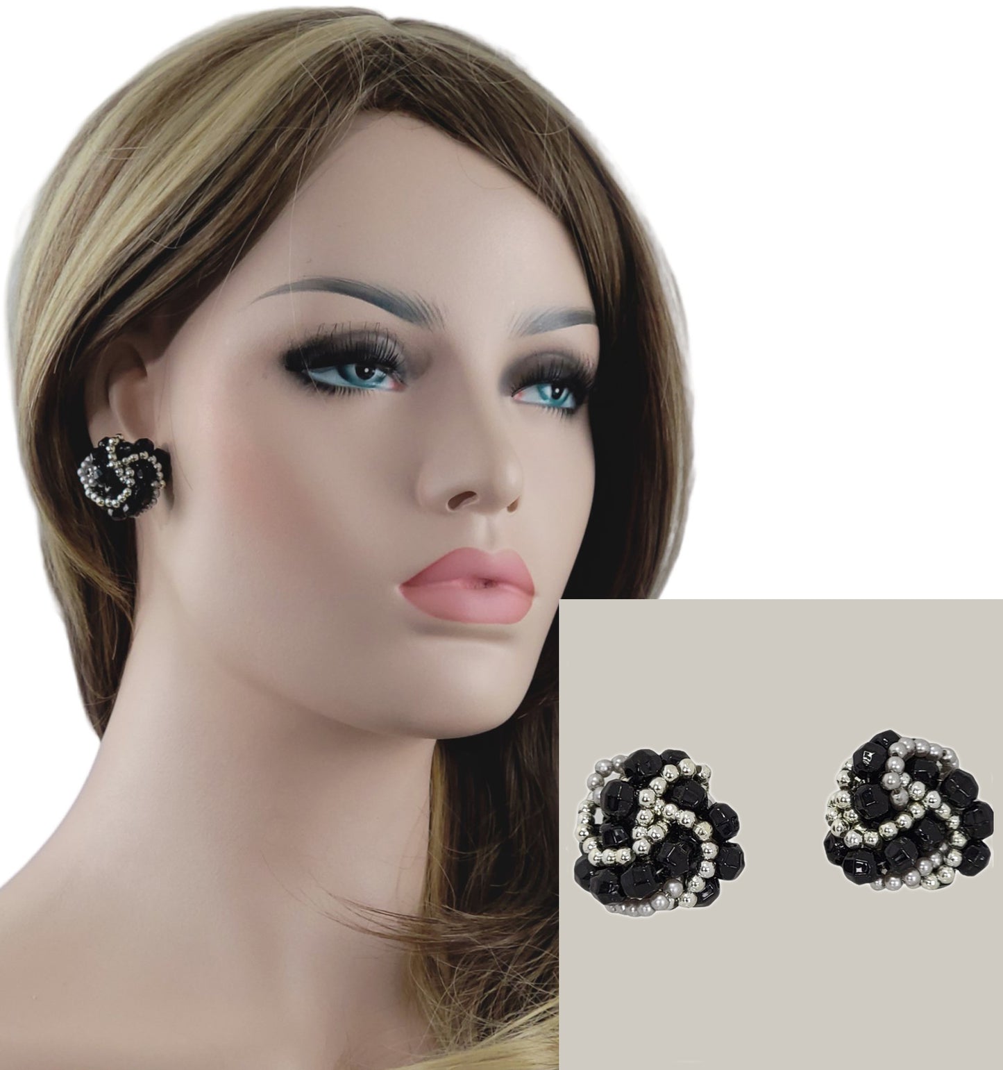 Large Beaded Button Pierced Earrings Black Silver Tone 1 1/8"