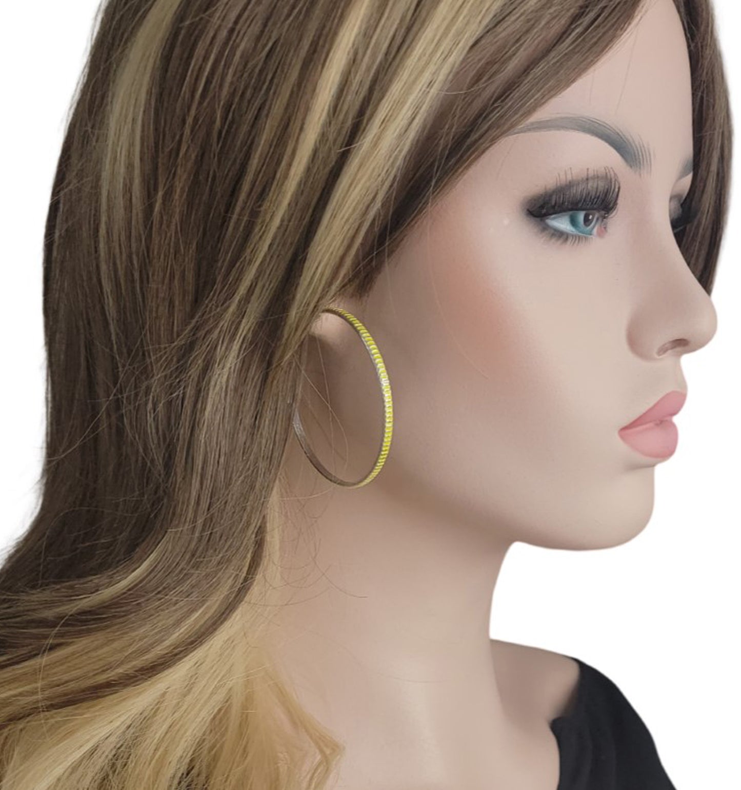 Large Silver Tone Stripe Pierced Earrings 2 1/4" - Yellow