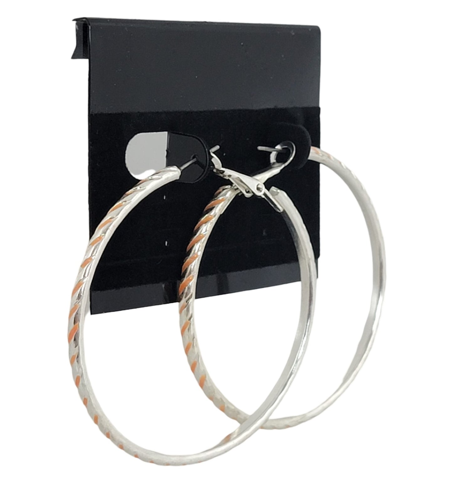 Large Silver Tone Diagonal Stripe Pierced Earrings 2 1/4" - Orange
