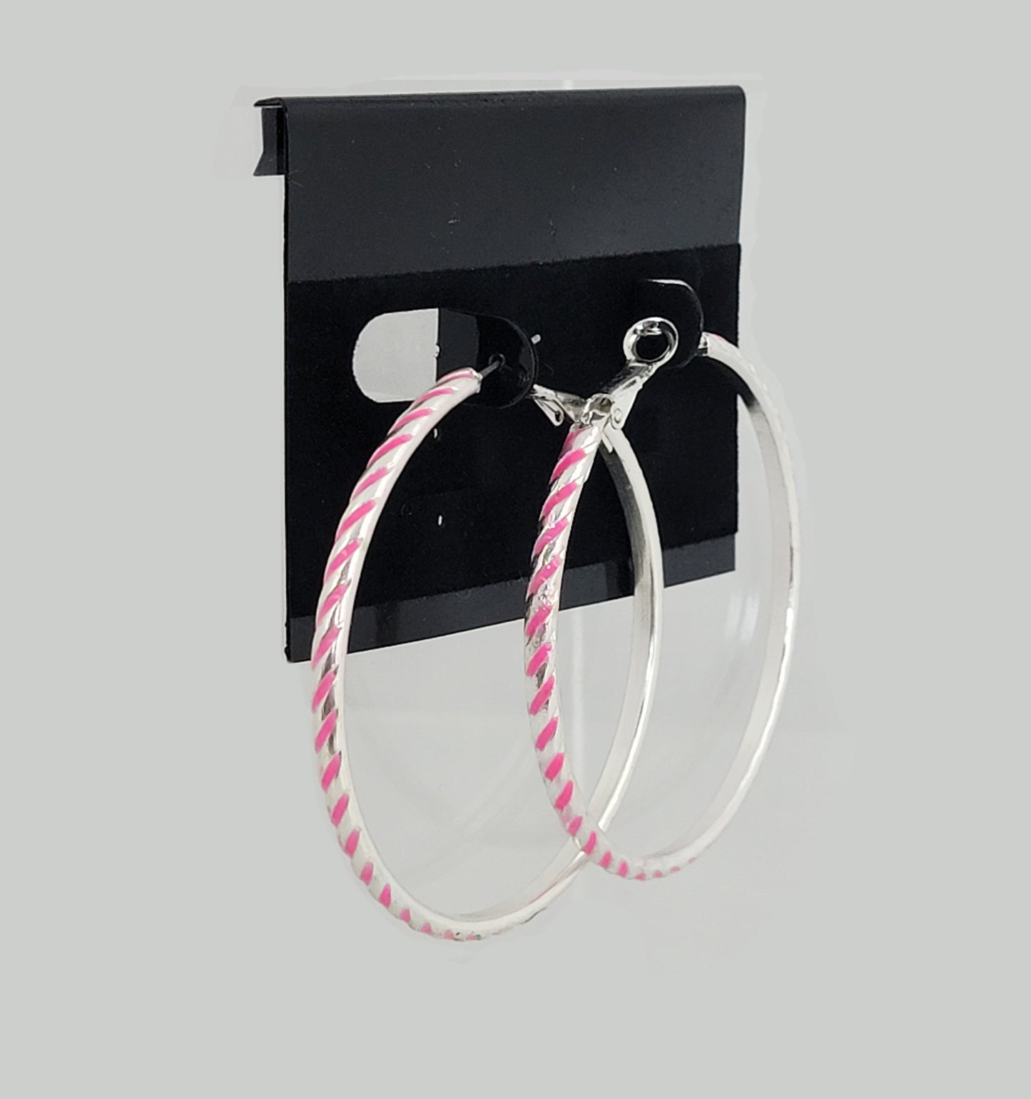 Large Silver Tone Diagonal Stripe Pierced Earrings 2 1/4" - Pink