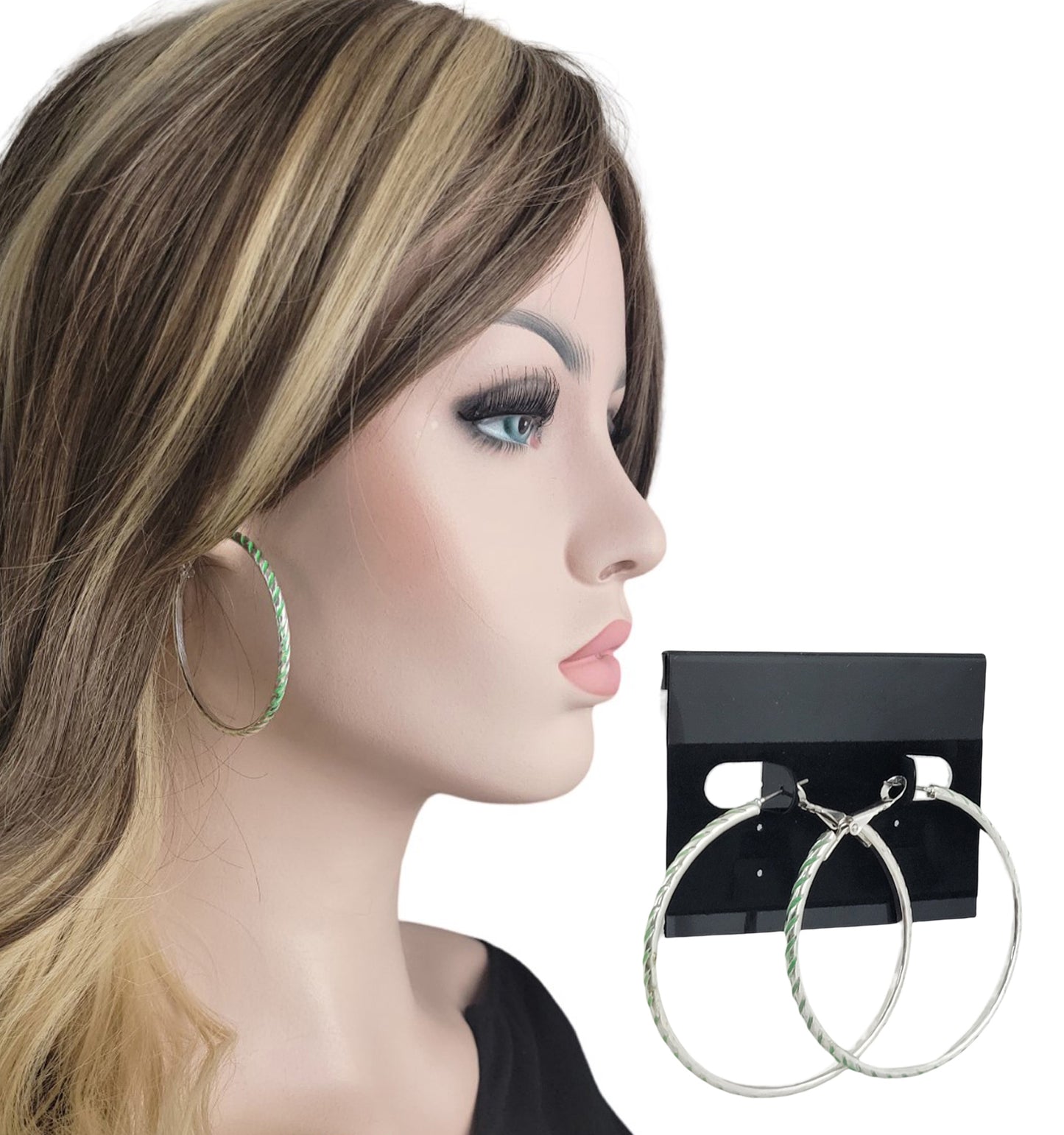 Large Silver Tone Diagonal Stripe Pierced Earrings 2 1/4" - Green