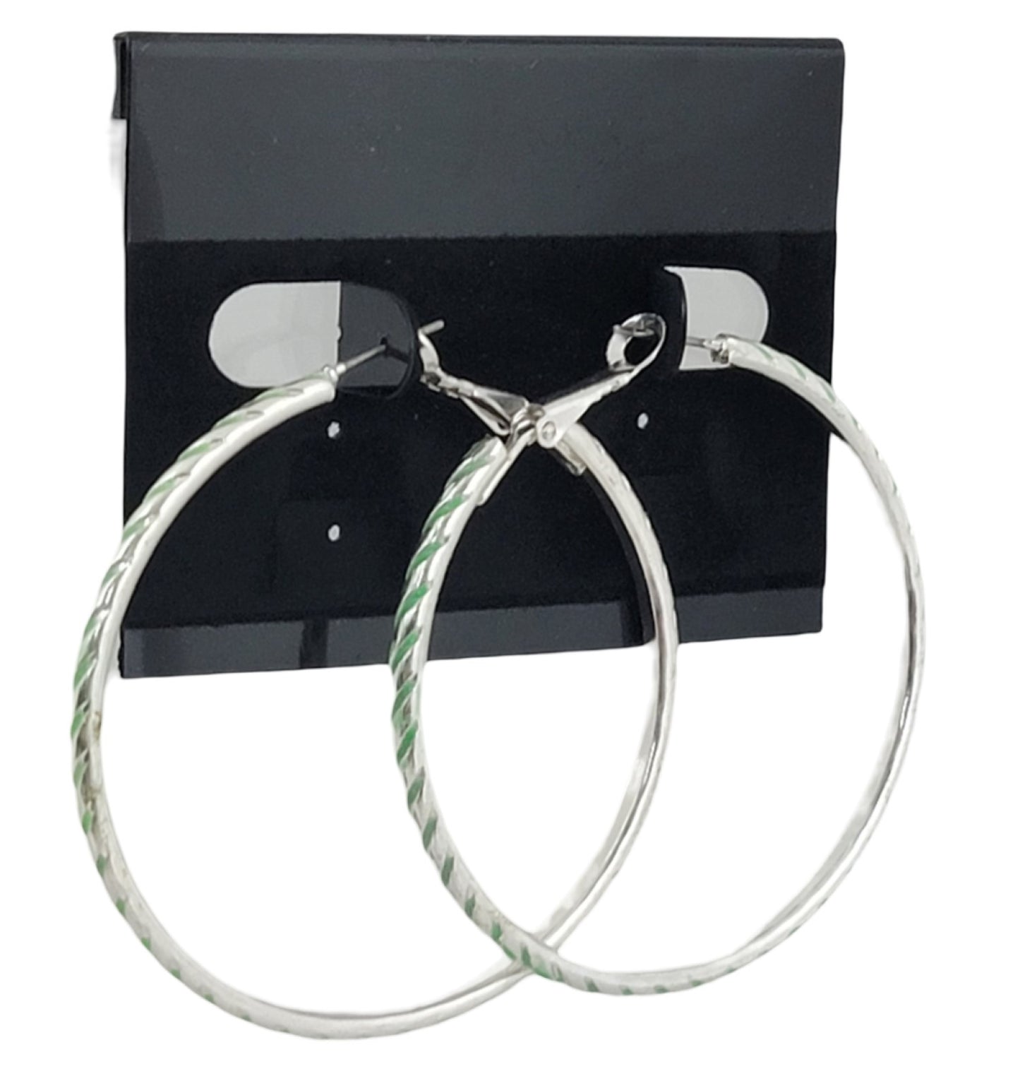 Large Silver Tone Diagonal Stripe Pierced Earrings 2 1/4" - Green