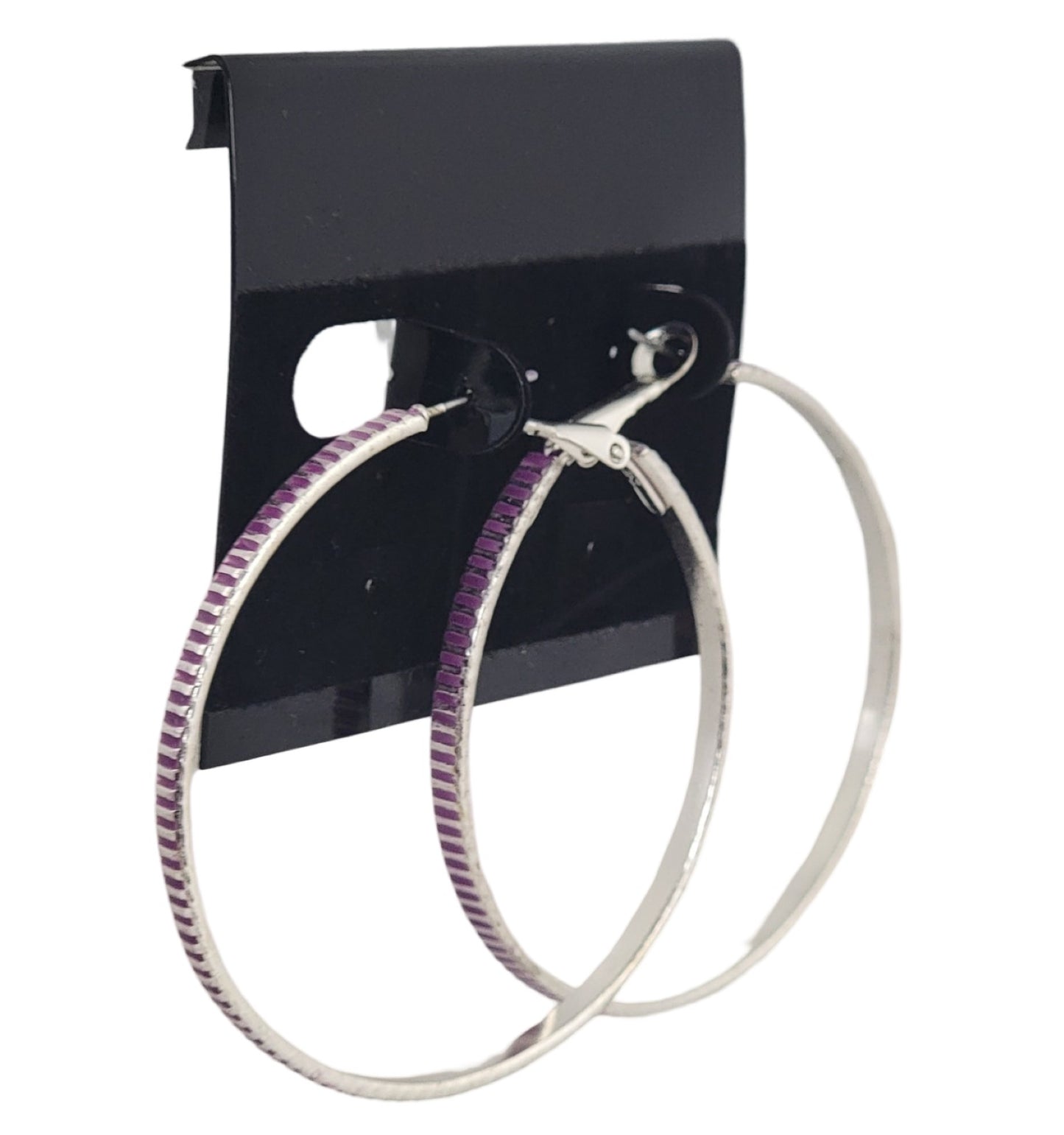 Large Silver Tone Stripe Pierced Earrings 2 1/4" - Purple