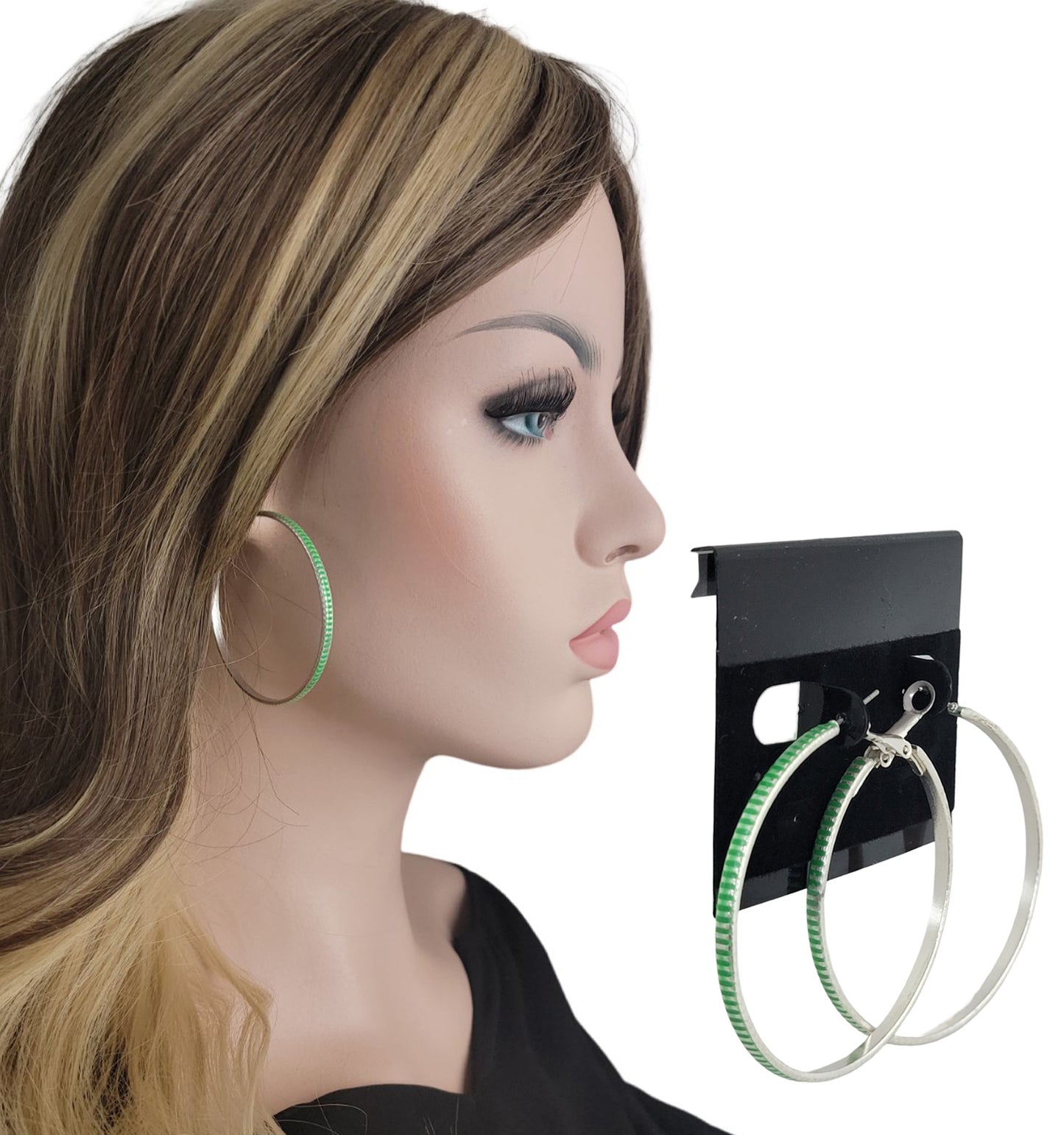 Stripe Horizontal Silver Tone Large Round Hoop Earrings Pierced 2 1/4" - Green