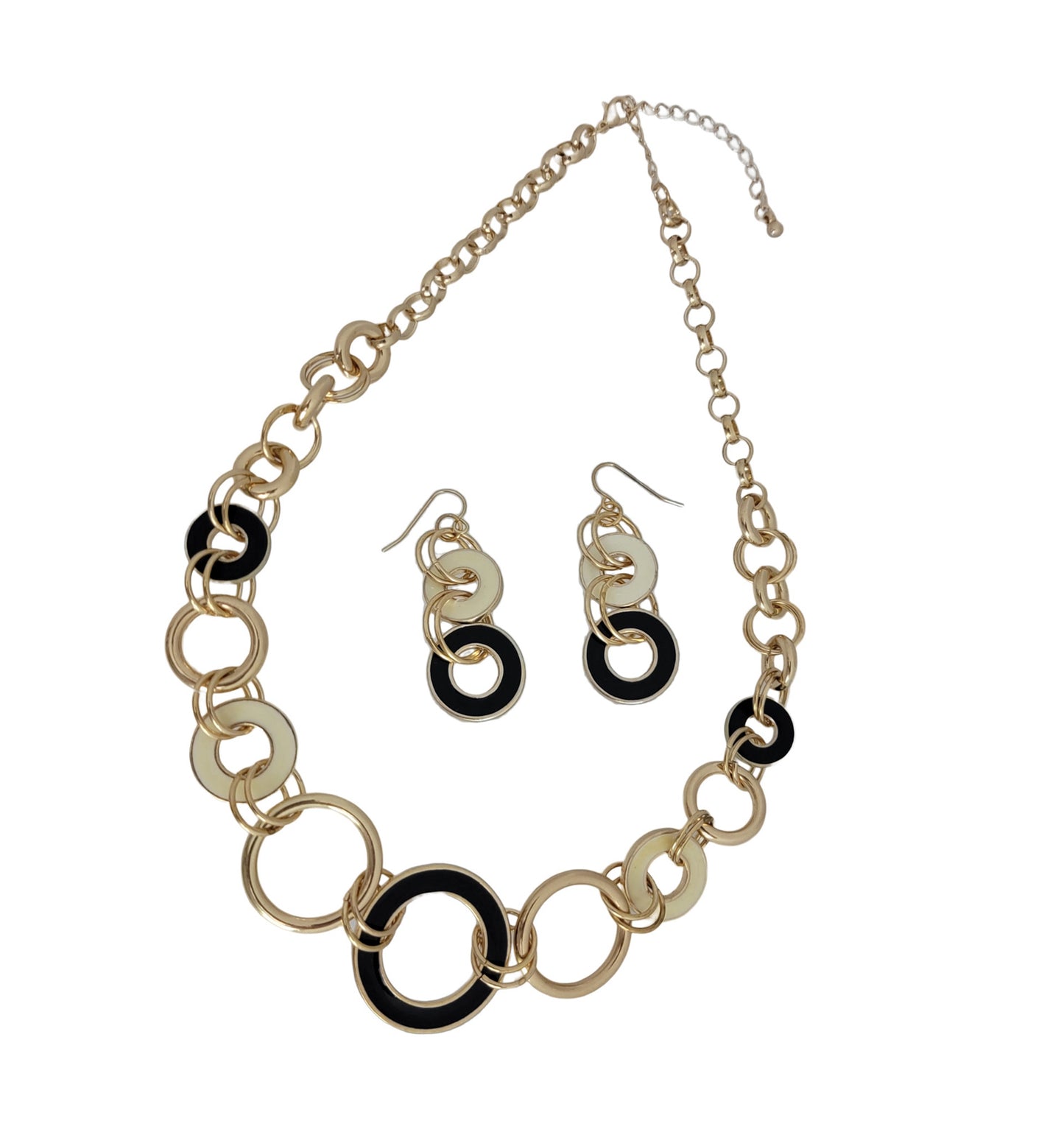Black & White Circle Chain Link Necklace Pierced Earrings Set Gold Tone