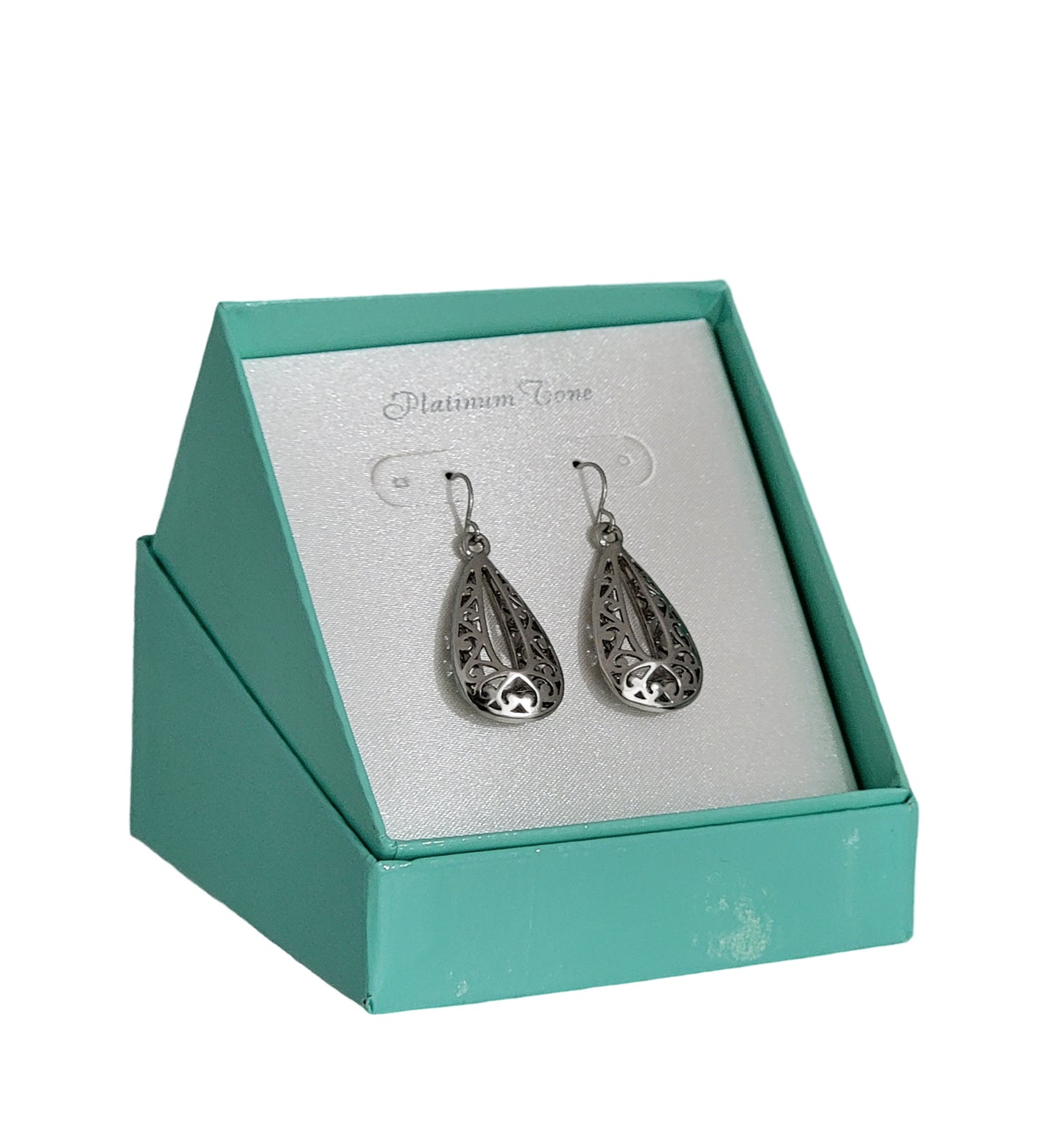 Ladies Silver Tone Openwork Teardrop Pierced Earrings - Gift Boxed