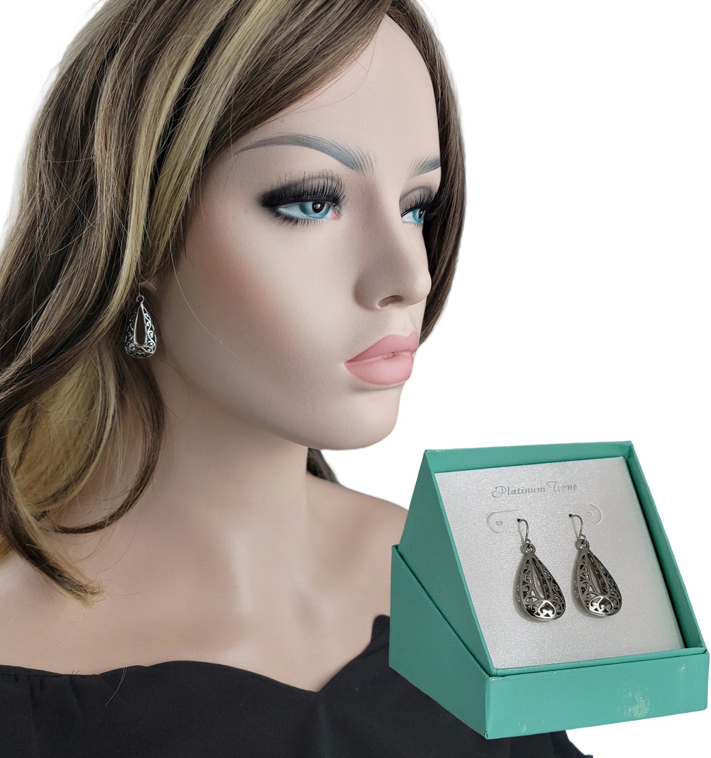 Ladies Silver Tone Openwork Teardrop Pierced Earrings - Gift Boxed