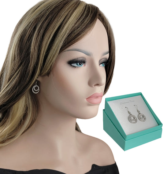 Womens Infinity Circle Rhinestone Silver Tone Dangle Earrings 1.5" - Gift Boxed