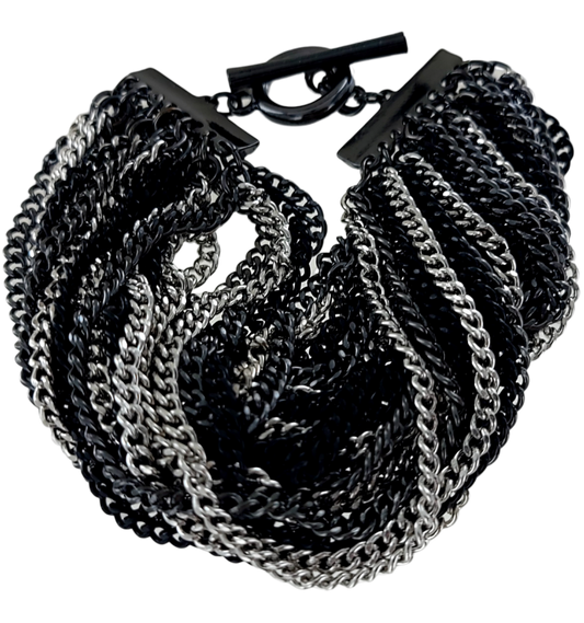 Punk Black Nickel Silver Tone 32 Multi Strand Toggle Curb Chain Bracelet 7.25"