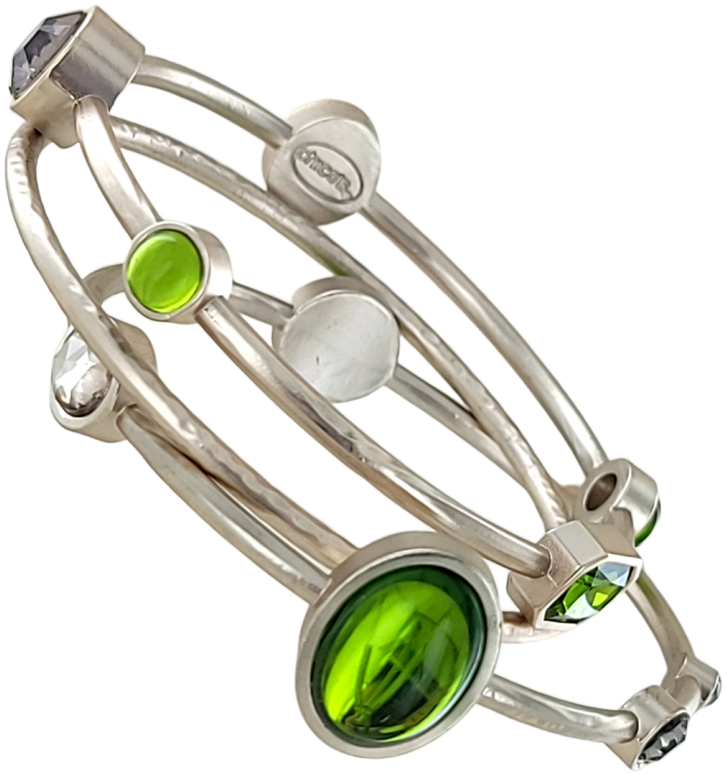 Chicos Green Jeweled Silver Tone Bangle Bracelets Set of 3 NWOT