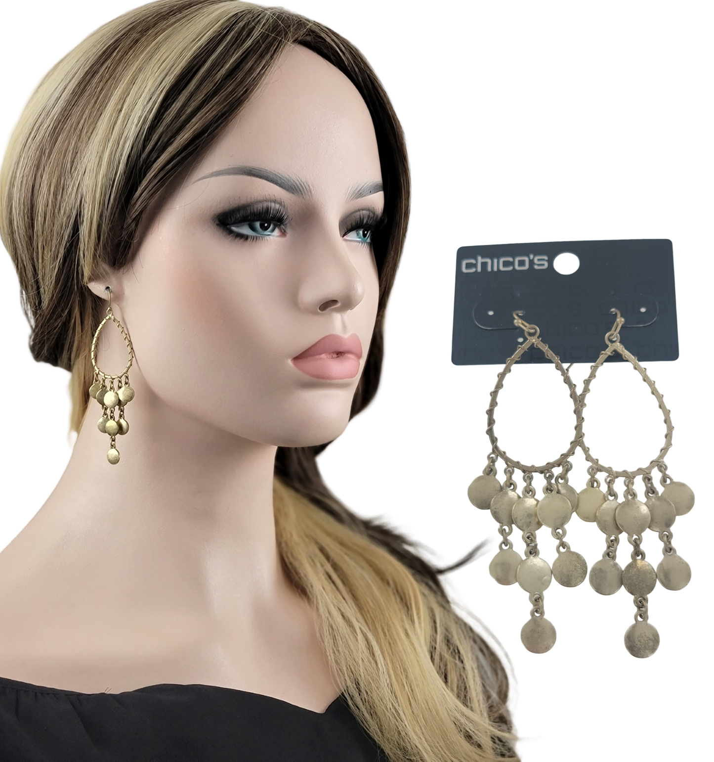 Chicos "Pear Of Gold" Exotic Teardrop Chandelier Earrings 3.75" NWT
