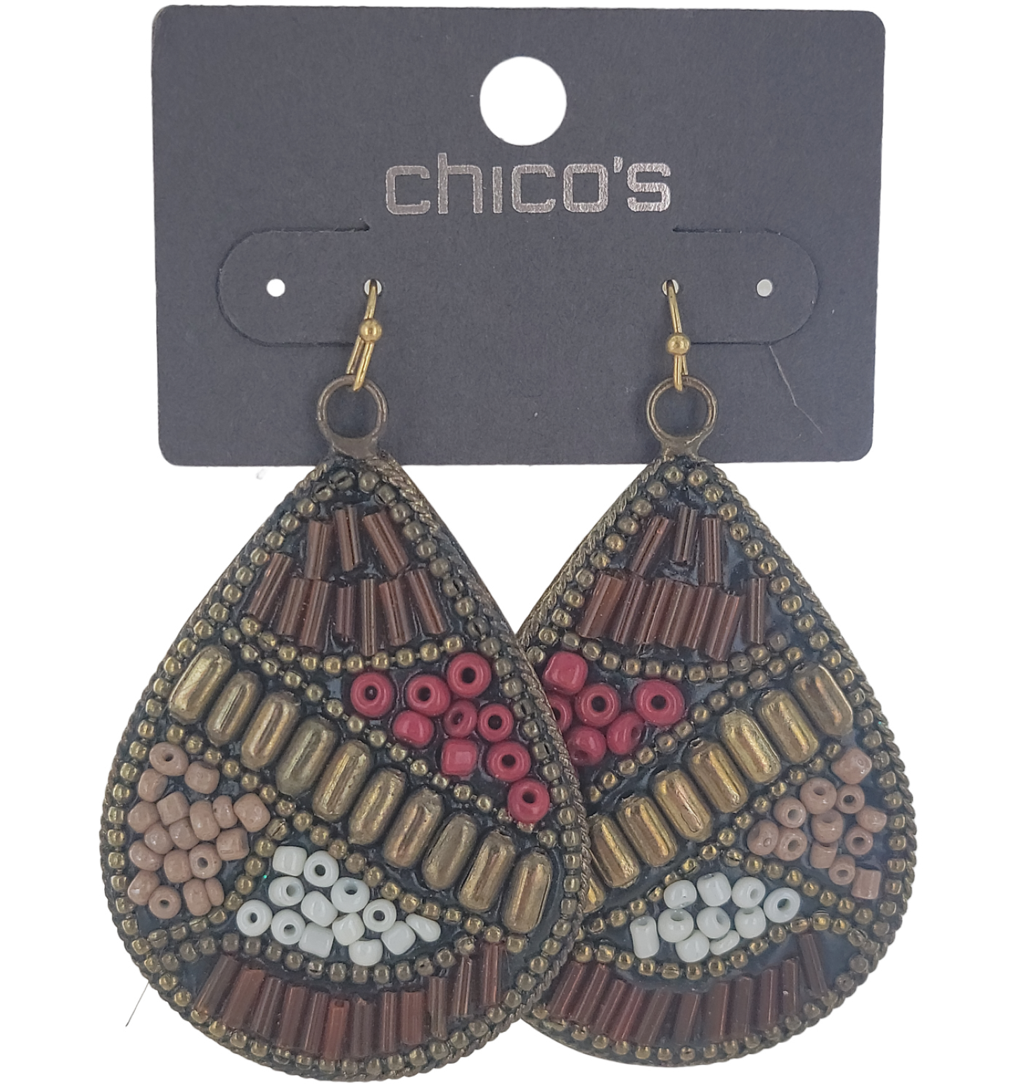 Chicos Exotic Teardrop Brass Beaded Mosaic Red Brown Earrings "Rhea Pendt" NWOT
