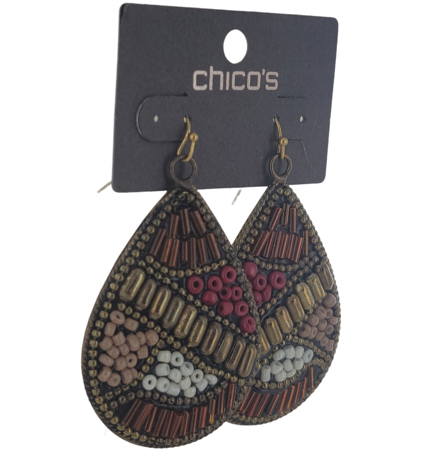 Chicos Exotic Teardrop Brass Beaded Mosaic Red Brown Earrings "Rhea Pendt" NWOT