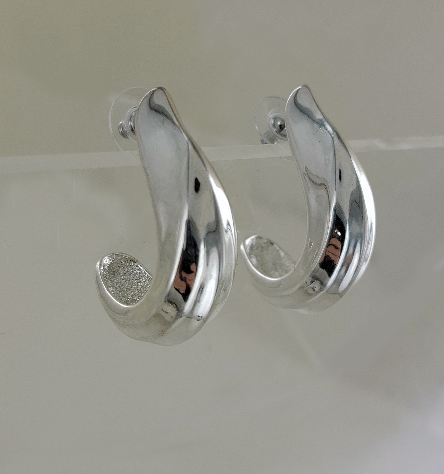 Large Stylized Huggie Statement Hoop Pierced Earrings - Silver Tone 1 5/8"