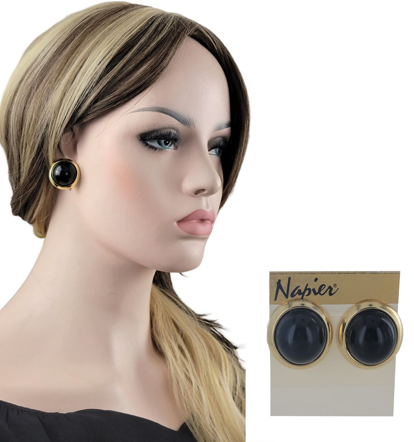Napier - Black Gold Tone Large Bubble Button Clip On Earrings