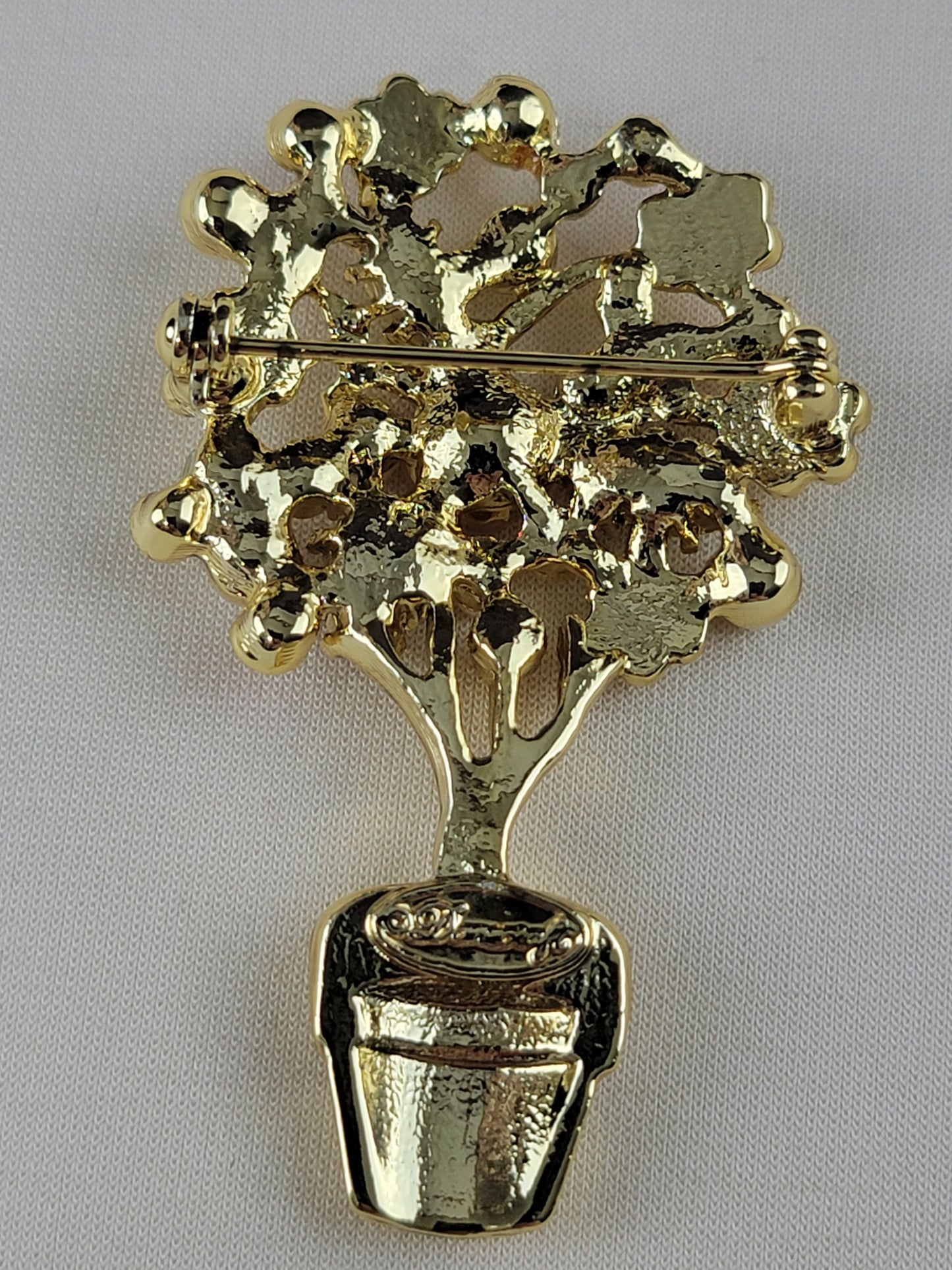 Danecraft Shiny Gold Tone Faux Pearl Pink Rhinestone Flower Pot Brooch Pin