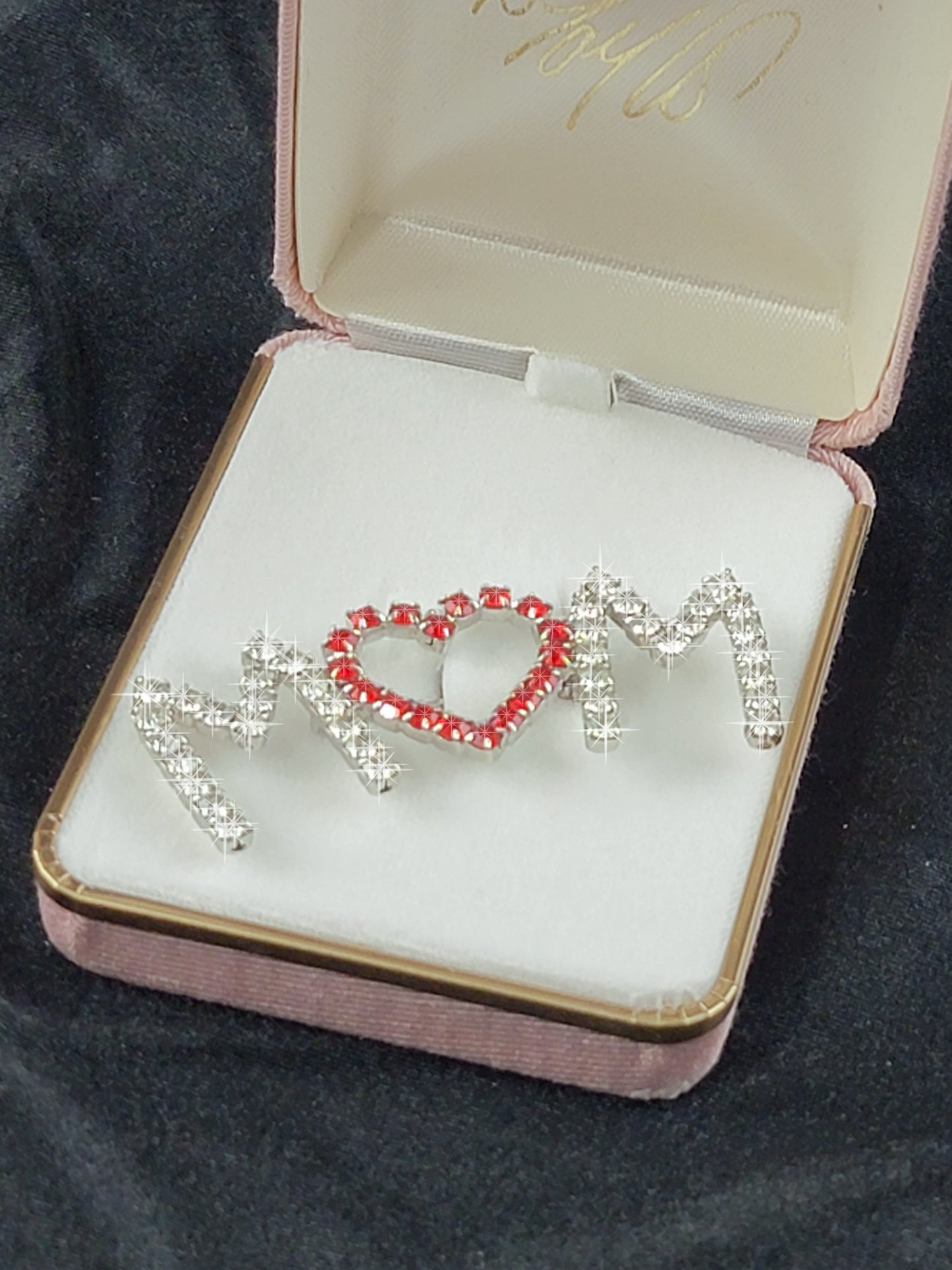 Vintage 1970s Red Heart Clear Rhinestones Mother's Day Brooch Pin 2 1/2"