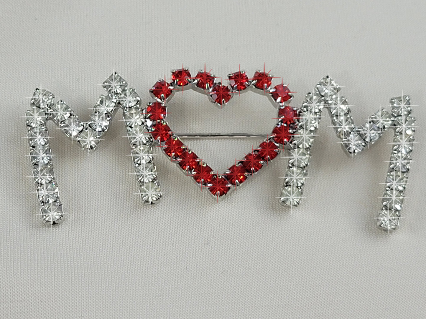Vintage 1970s Red Heart Clear Rhinestones Mother's Day Brooch Pin 2 1/2"