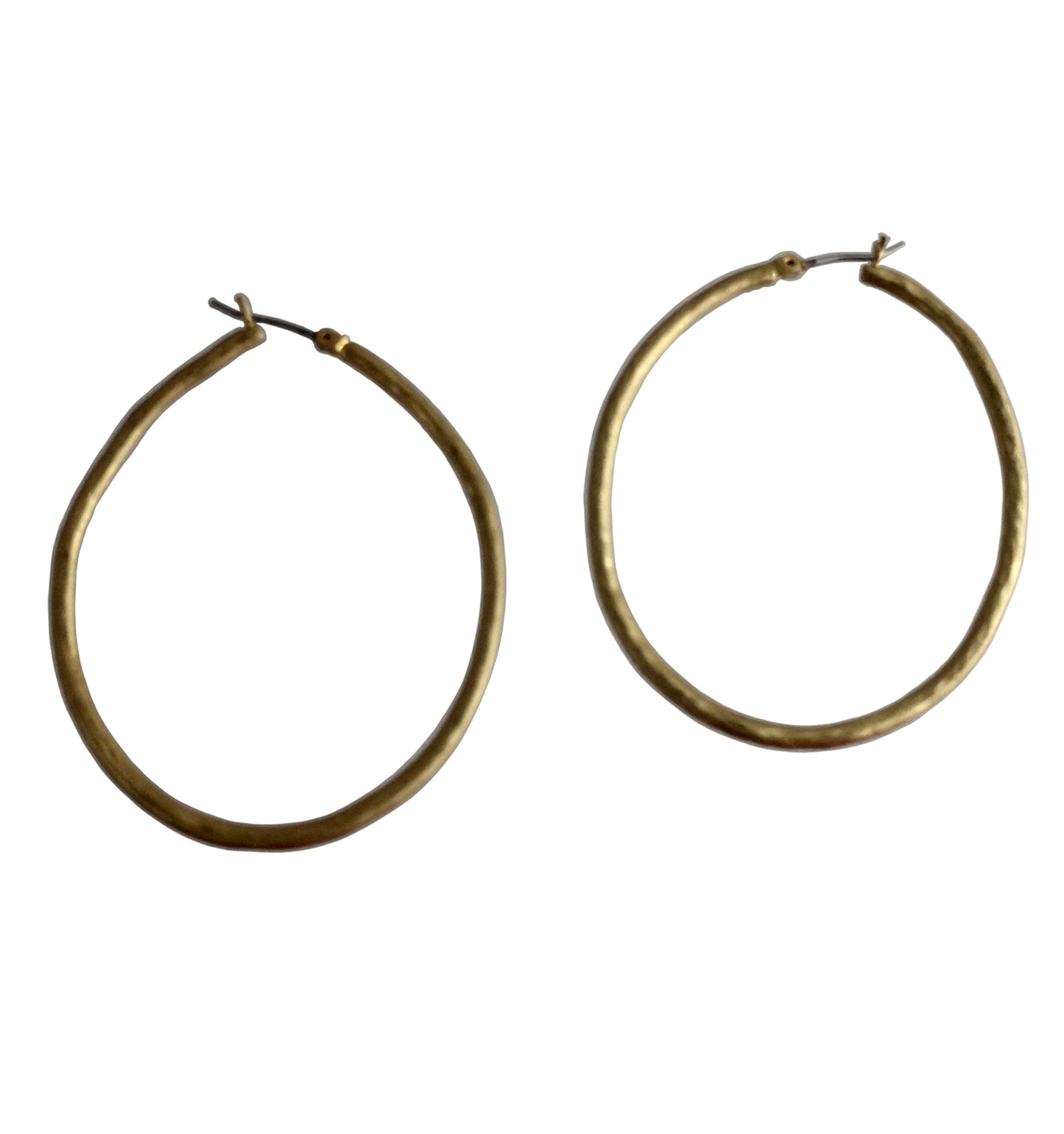 Large Hammered Oval Matte Gold Tone Hoop Earrings 2  1/8"