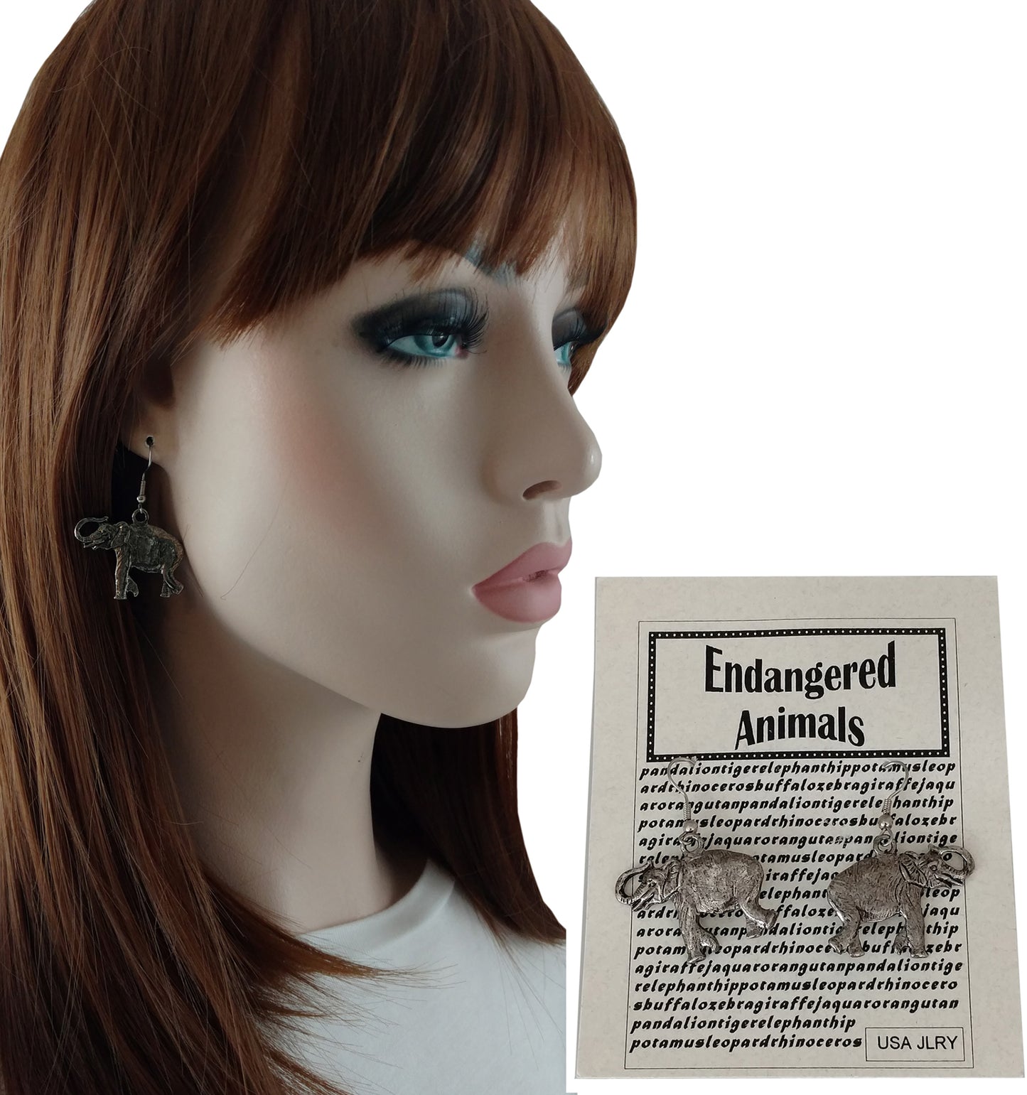 Elephant Dangle Pierced Earrings 1 3/4" - Silver Tone