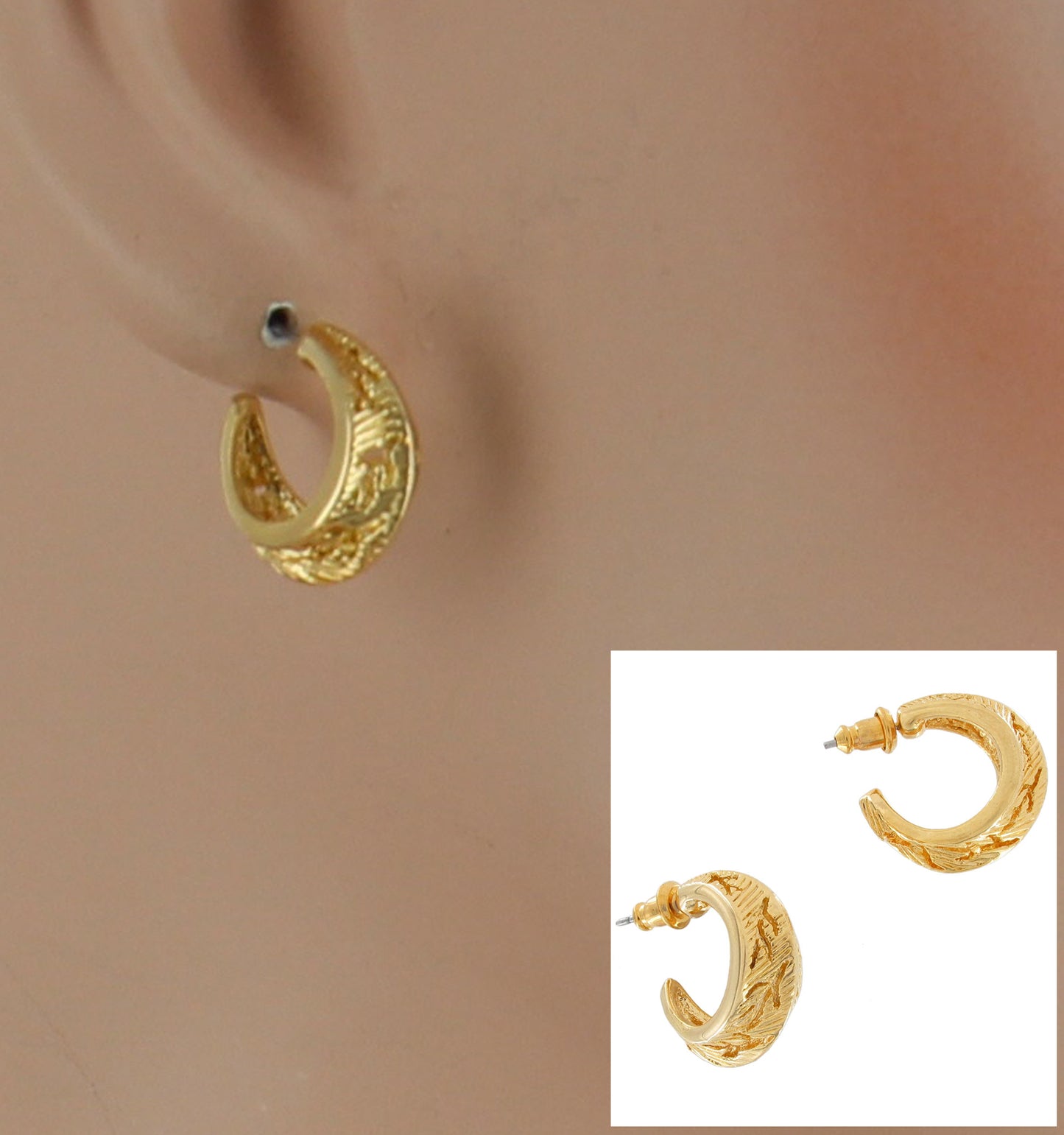 Classic 3/4" Hoop Earrings With Branch Design Pierced - Gold Tone