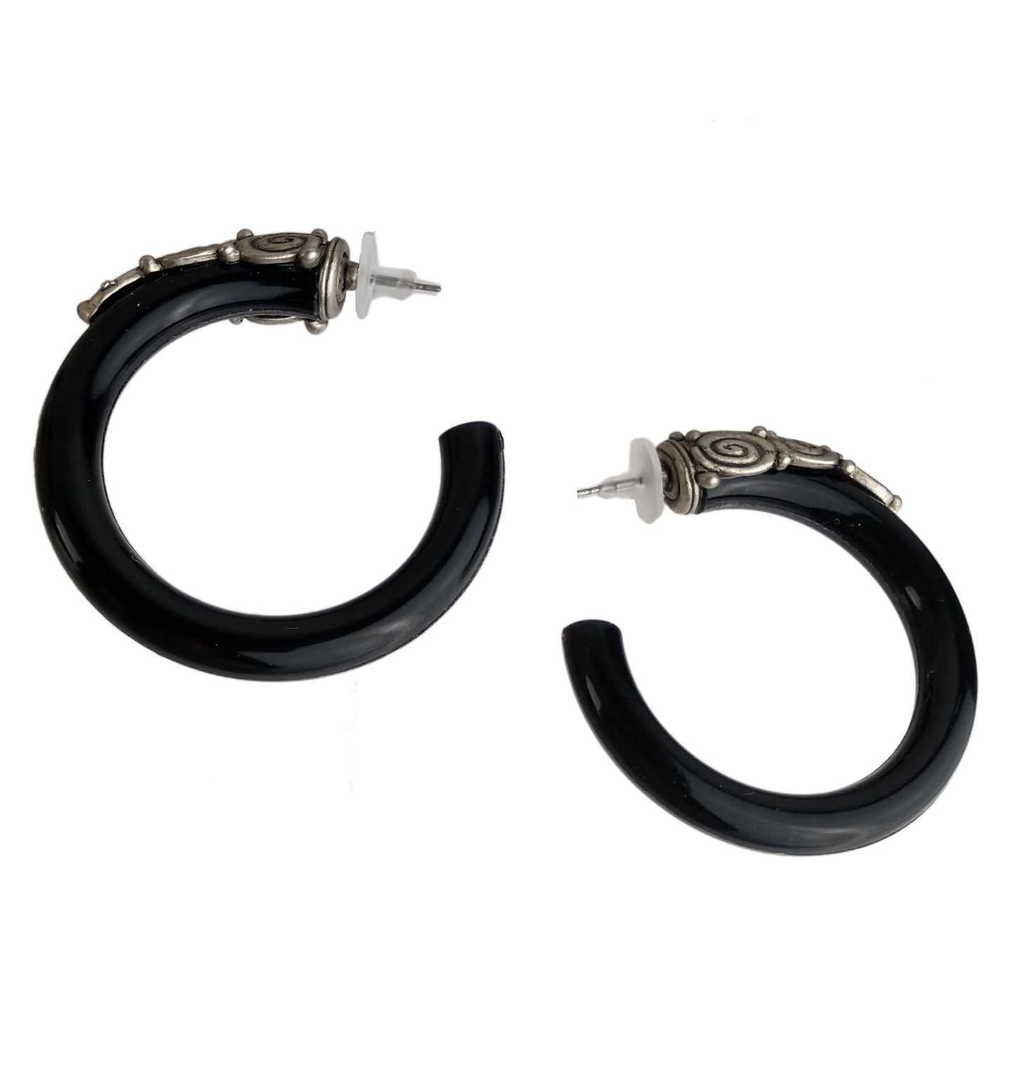 Chunky Bohemain Black Silver Tone Hoop Pierced Earrings 2"