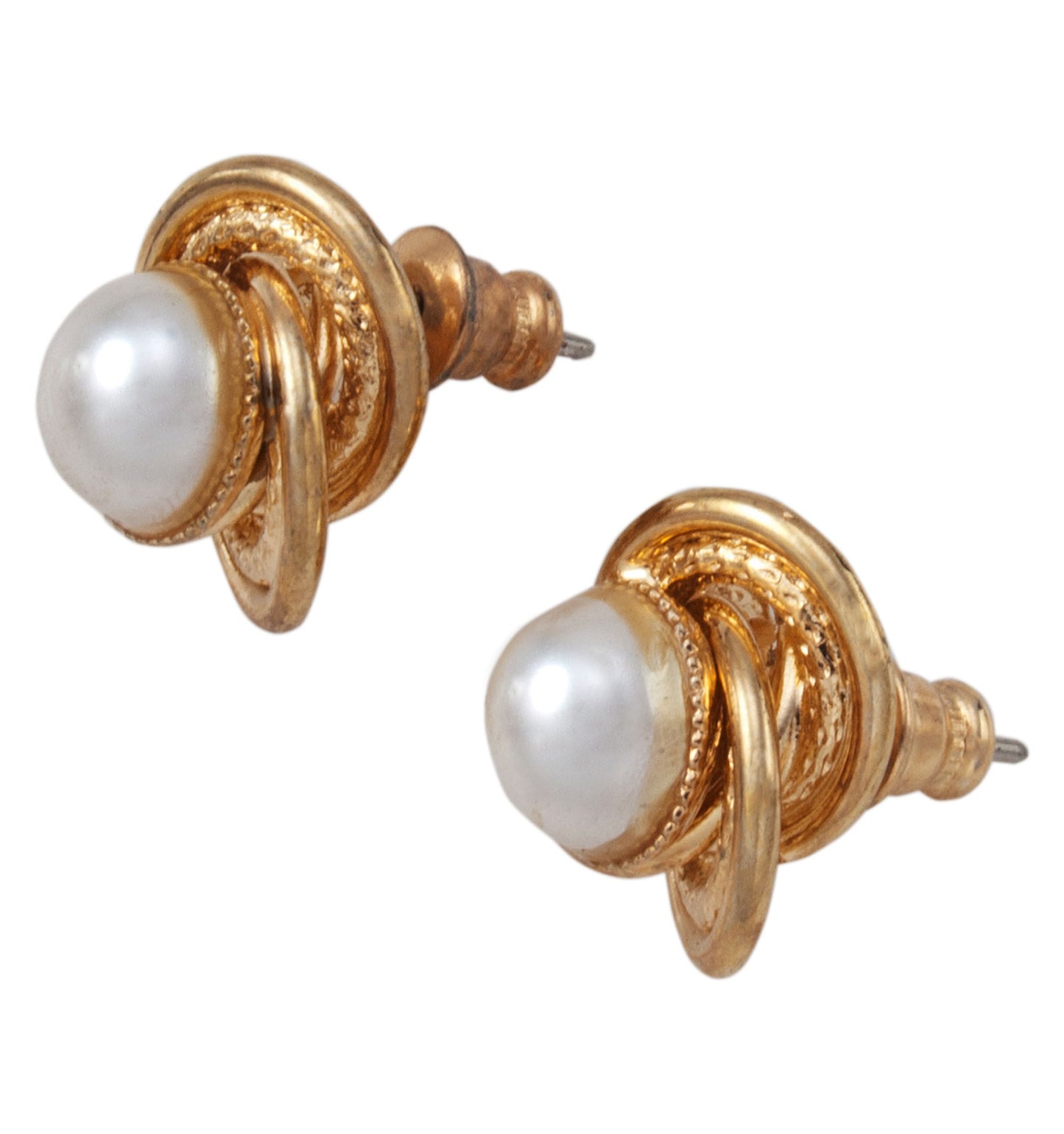 Small Gold Tone Knot Faux Pearl Pierced Earrings