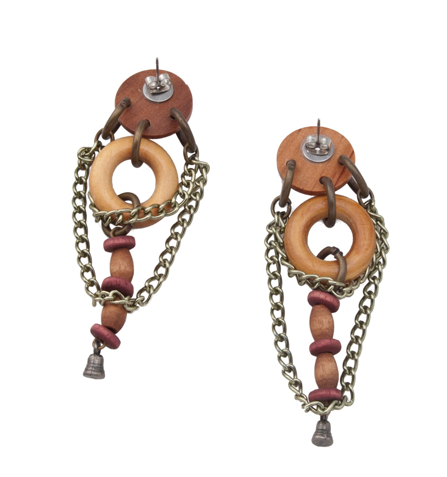 Bohemian Wood & Chain Chandelier Statement Long Pierced Earrings 3"