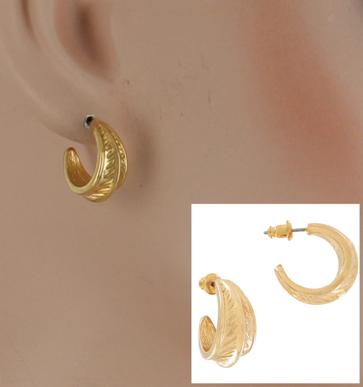 3D Chevron Leaf Design Hoop Earrings 3/4" - Gold Tone
