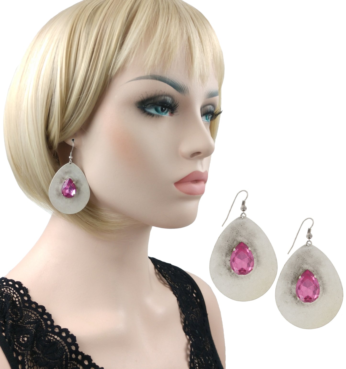Large Pink Jewel Teardrop Dangle Earrings Pierced 2.5" - Distressed Silver Tone